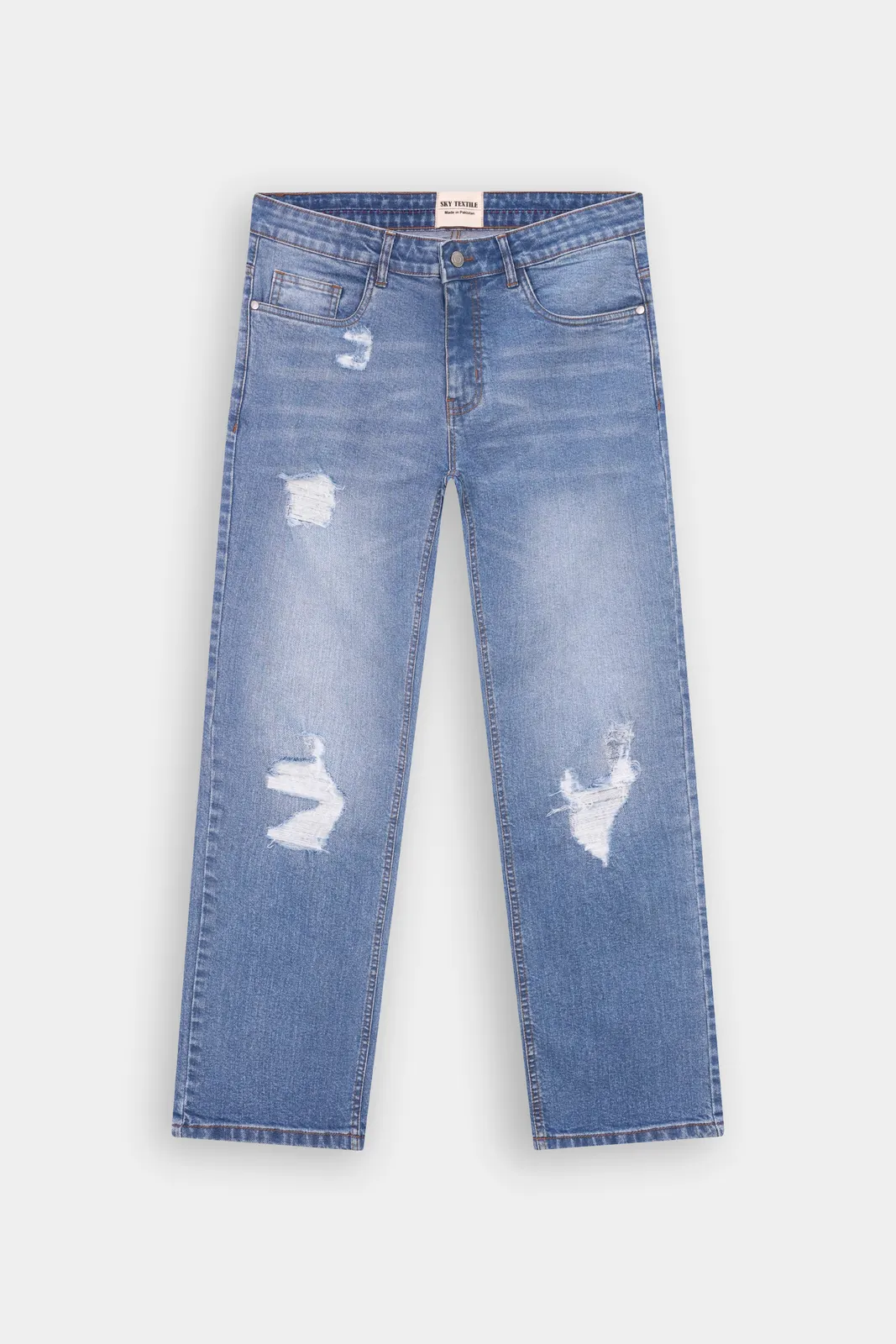Hellblaue Straight-Leg-Jeans mit Destroyed-Details, Vorderansicht