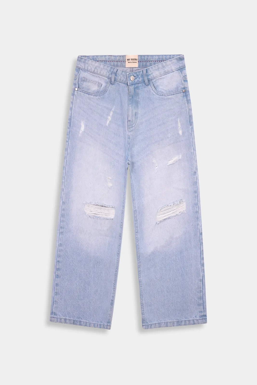 Eisblaue Wide-Leg-Jeans mit Destroyed-Details, Vorderansicht
