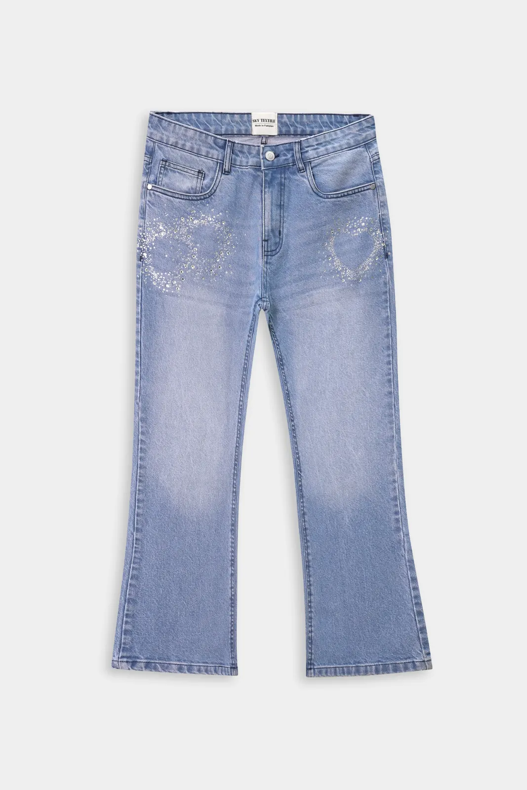 Hellblaue Flare-Jeans mit Kristall-Verzierungen, Vorderansicht