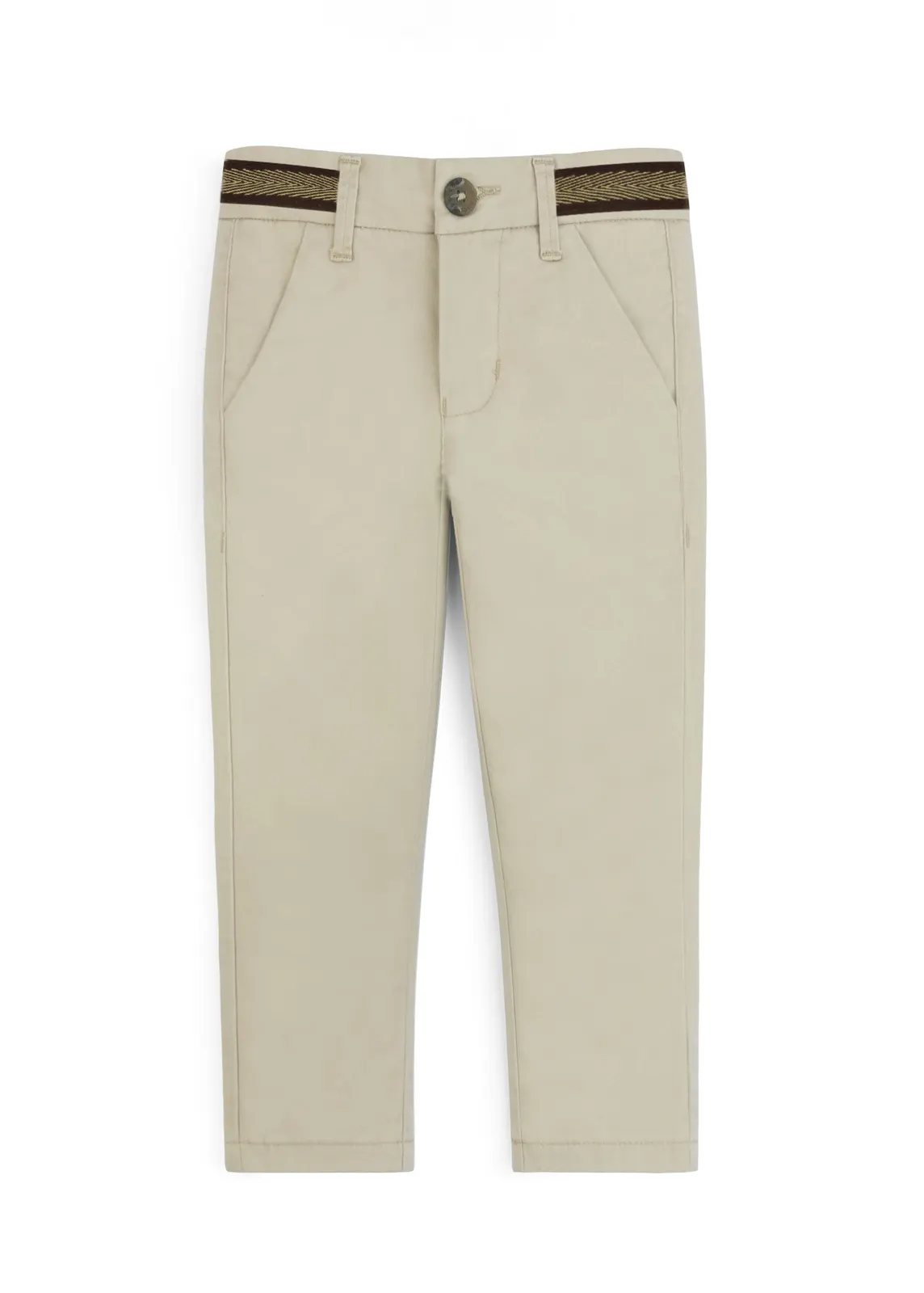 Kinder-Chino in Sandbeige mit Fischgrät-Zierband am Bund, Vorderansicht