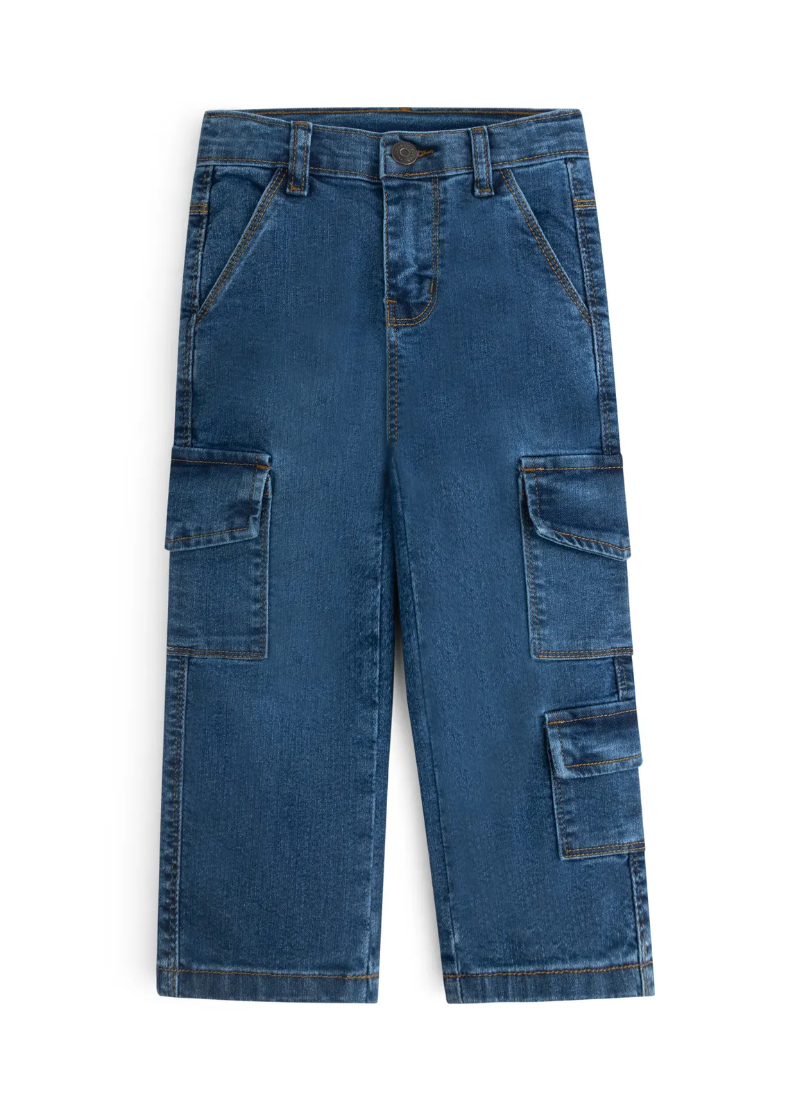 Weite Kinder-Cargo-Jeans in Mittelblau mit Klappentaschen am Bein, Vorderansicht