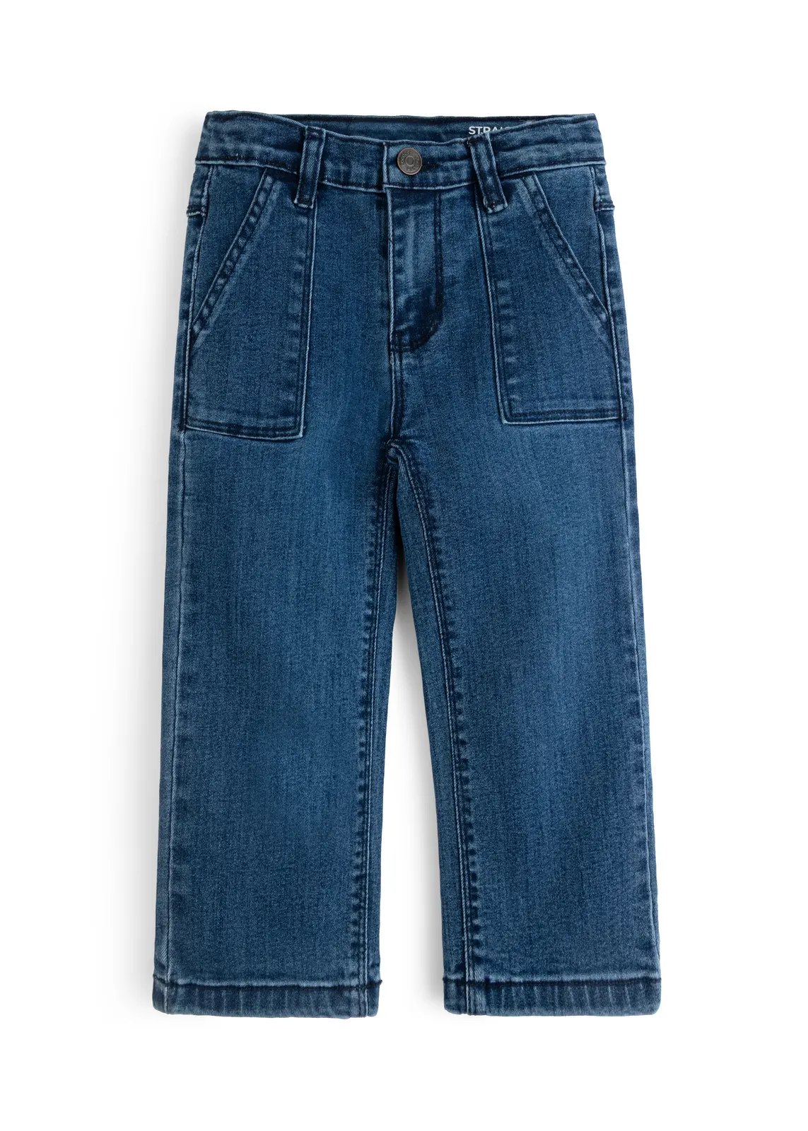 Gerade Kinder-Worker-Jeans in Mittelblau mit großen aufgesetzten Taschen, Vorderansicht