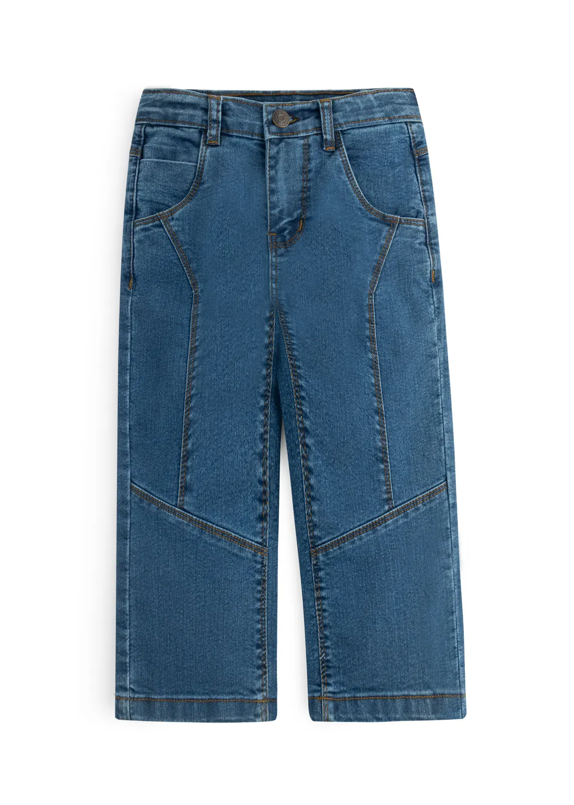 Kinder-Jeans in Mittelblau mit geschwungenen Teilungsnähten und schrägen Knienähten, Vorderansicht