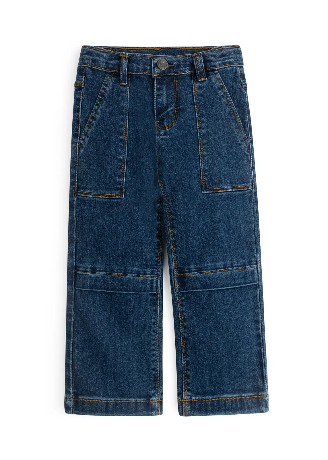 Weite Kinder-Worker-Jeans in Dunkelblau mit aufgesetzten Taschen und Knienähten, Vorderansicht