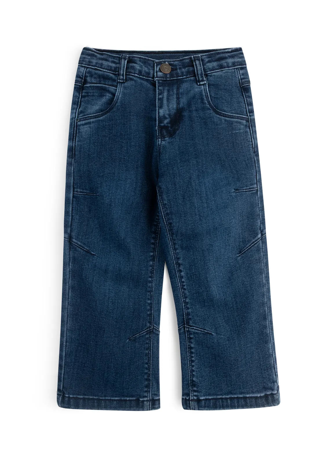 Entspannte Kinder-Jeans in tiefem Indigo mit schrägen Abnähern an Oberschenkel und Knie, Vorderansicht
