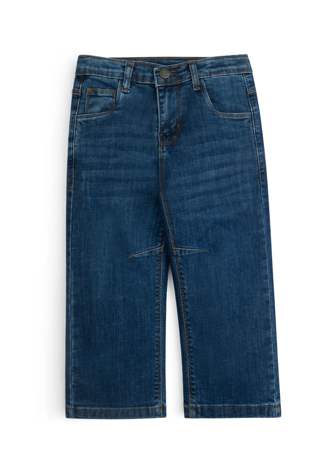 Kinder-Five-Pocket-Jeans in klassischem Mittelblau mit dezenten Whiskers, Vorderansicht