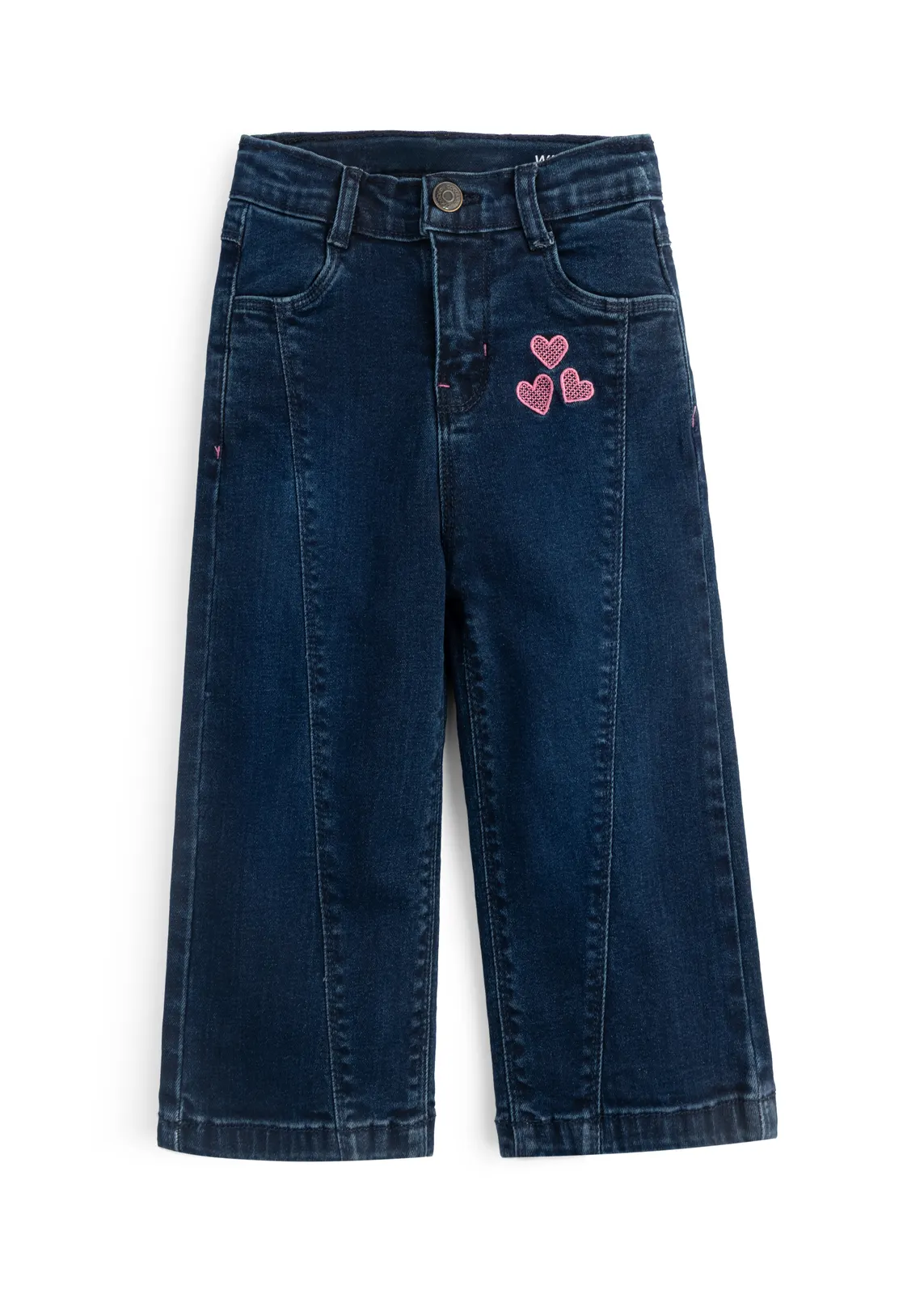 Weite Mädchen-Jeans in dunklem Indigo mit rosa Herz-Stickerei an der Hüfte, Vorderansicht