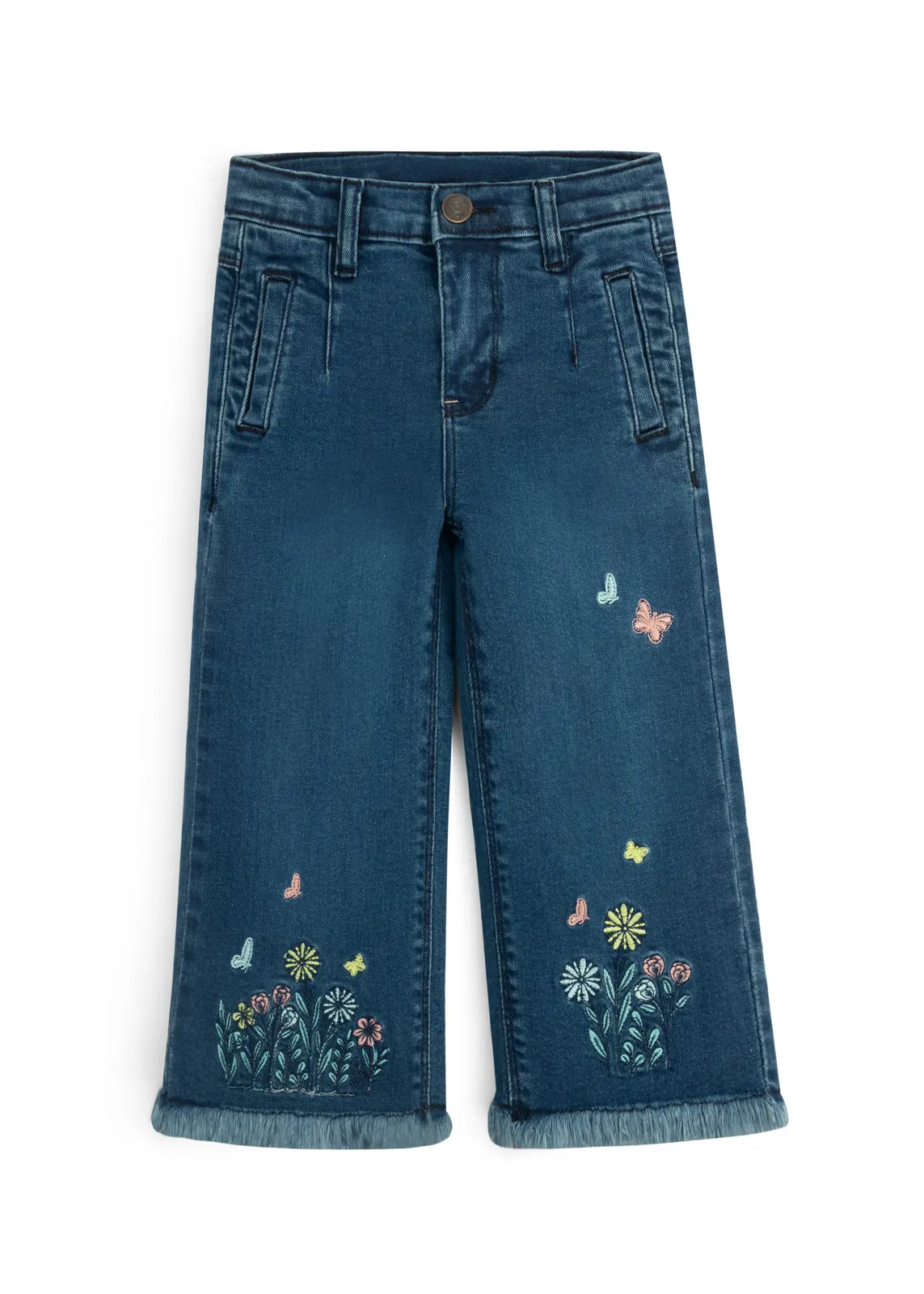 Weite Mädchen-Jeans in Mittelblau mit Blumen- und Schmetterlings-Stickerei und Fransensaum, Vorderansicht