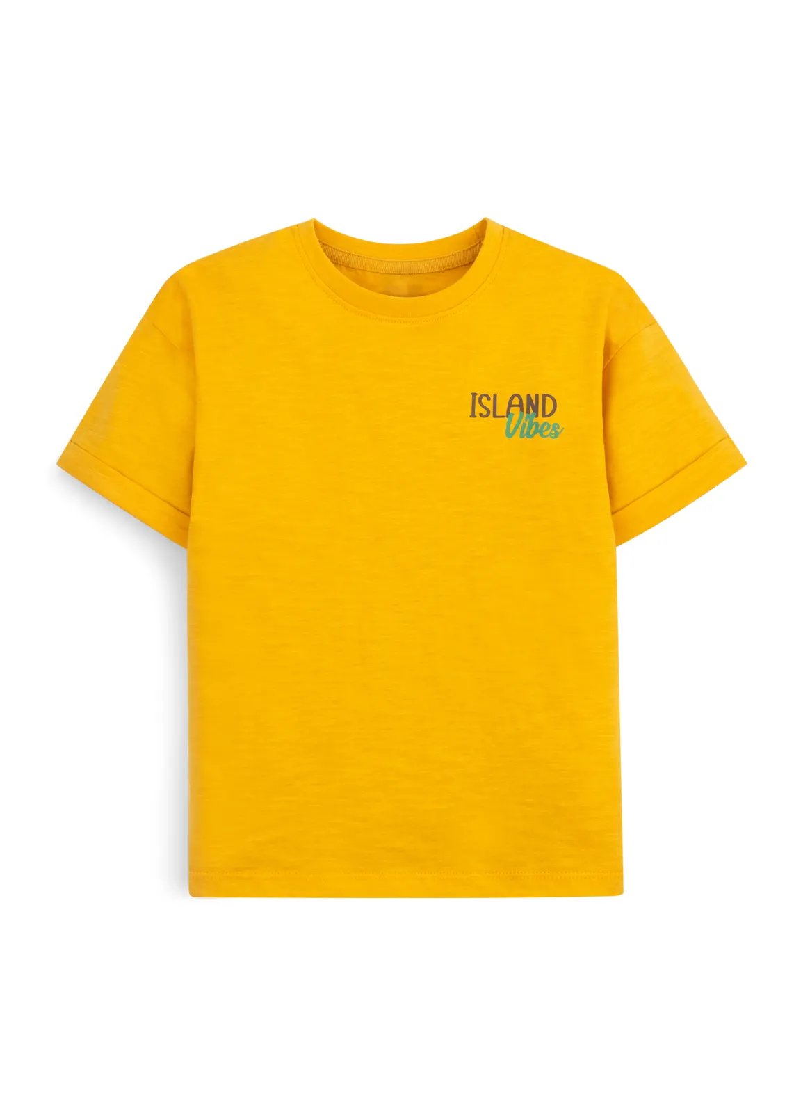 Jungen-T-Shirt in Bernsteingelb aus Slub-Jersey mit Island-Vibes-Brustprint, Vorderansicht