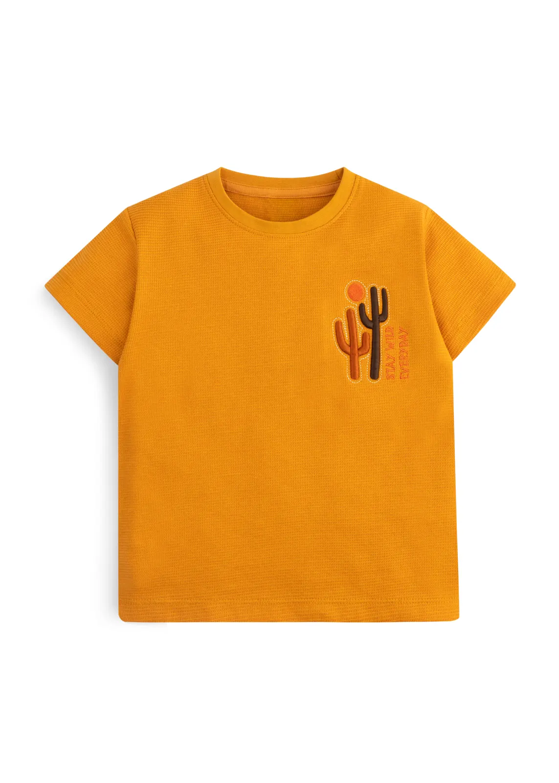 Jungen-T-Shirt in Bernstein mit Waffelstruktur und applizierten Kaktus-Motiven, Vorderansicht
