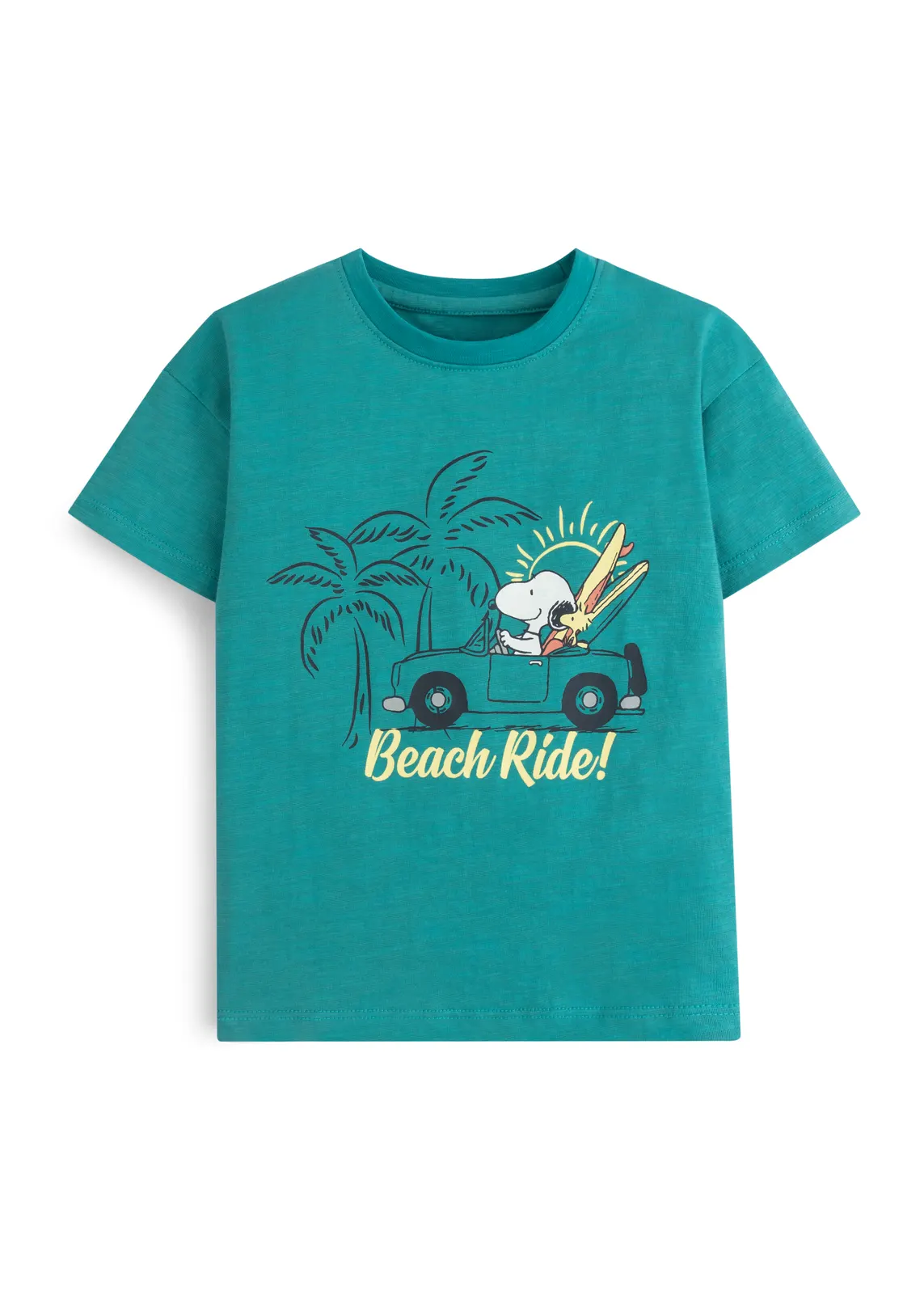 Jungen-T-Shirt in Petrol aus Slub-Jersey mit Beagle-Strand-Cartoon-Print, Vorderansicht