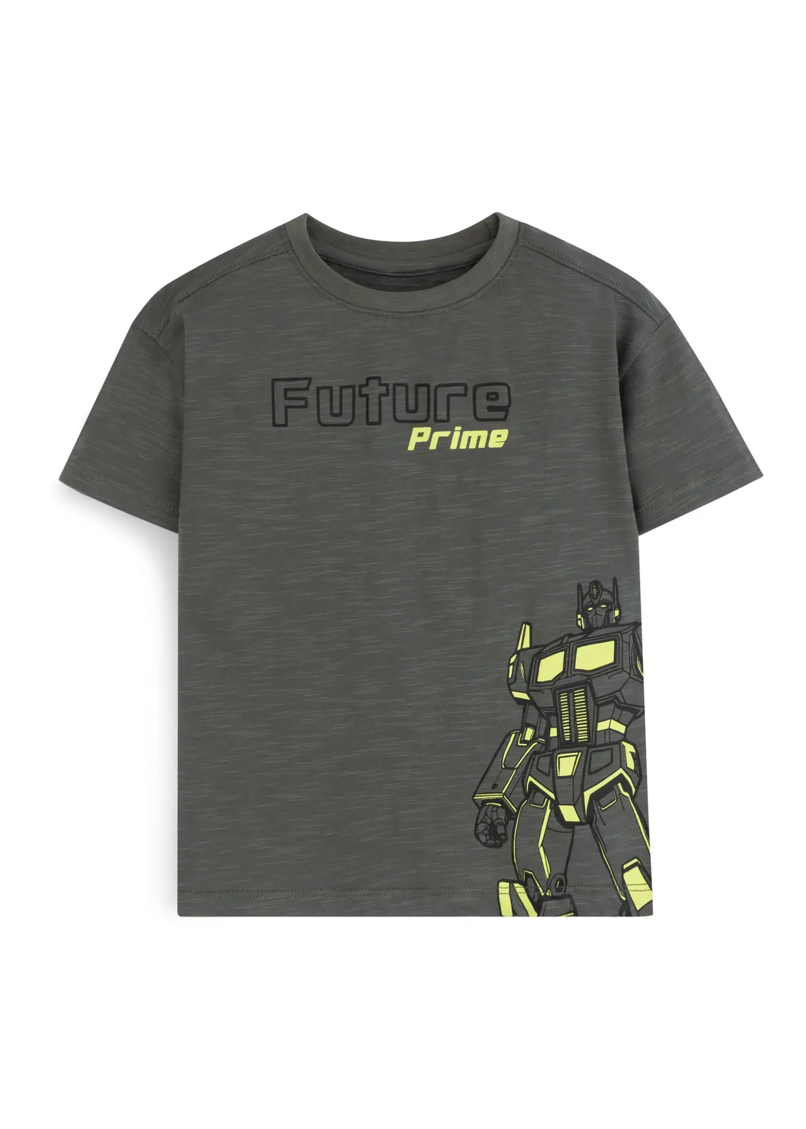 Jungen-T-Shirt in Anthrazit aus Slub-Jersey mit Roboter-Helden-Print, Vorderansicht