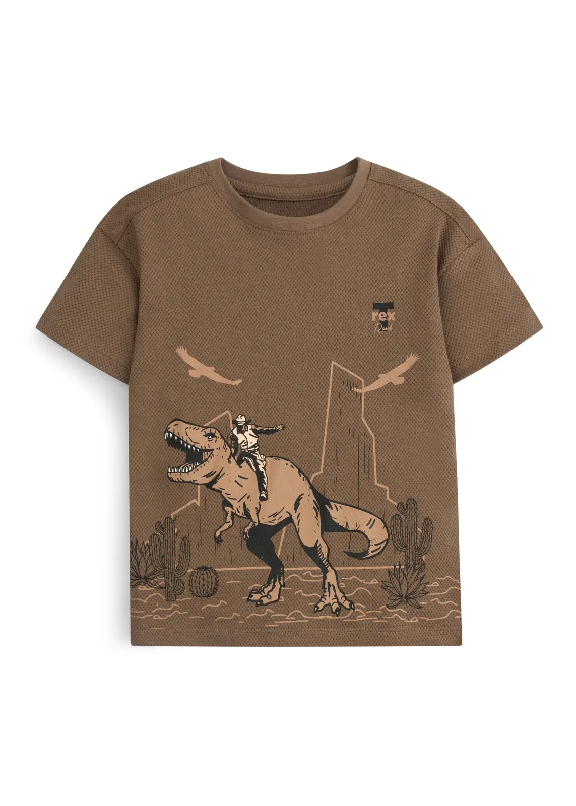 Jungen-T-Shirt in Braun mit Wabenstruktur und Cowboy-auf-T-Rex-Wüstenprint, Vorderansicht