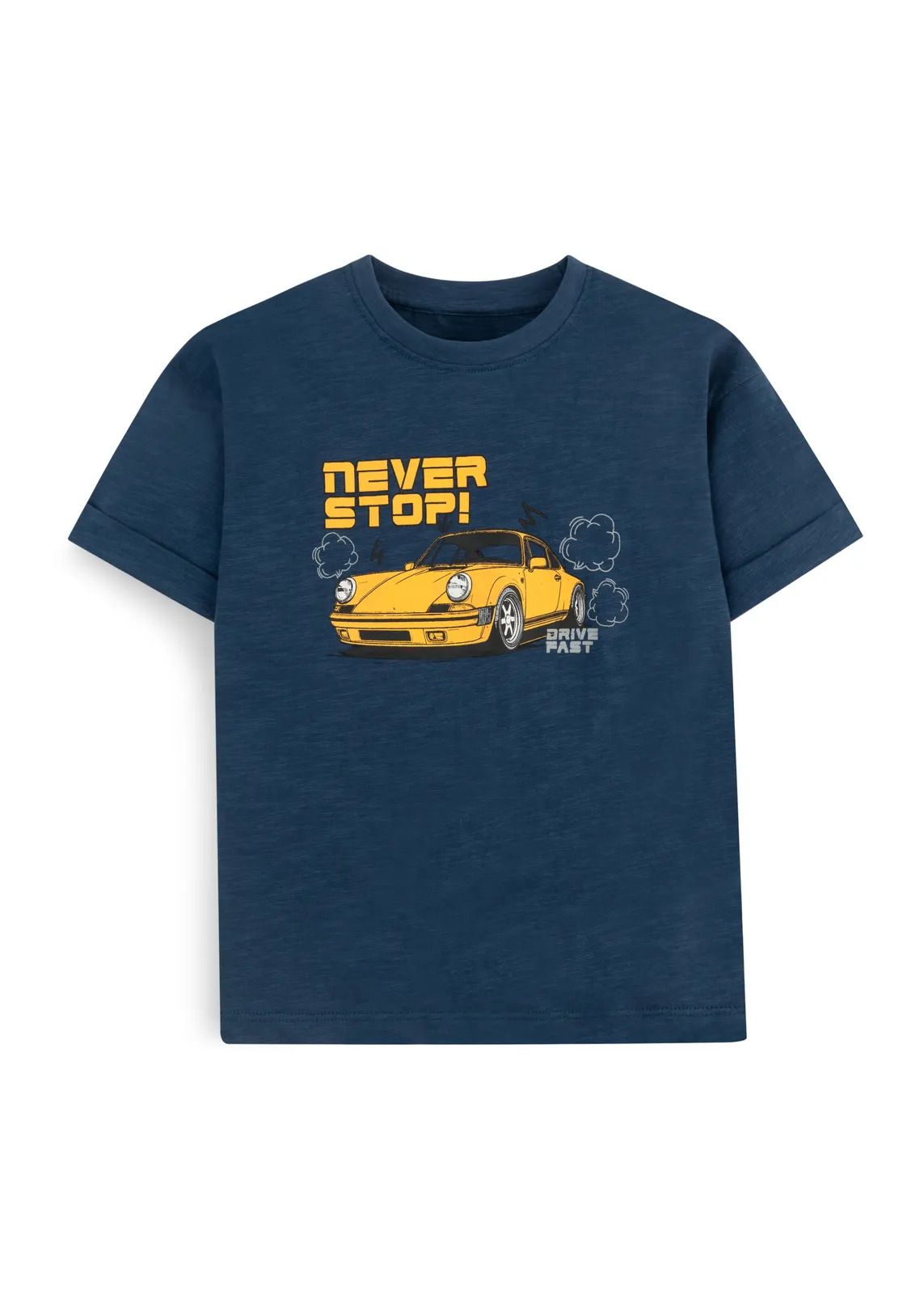 Jungen-T-Shirt in Marineblau aus Slub-Jersey mit gelbem Retro-Sportwagen-Print, Vorderansicht