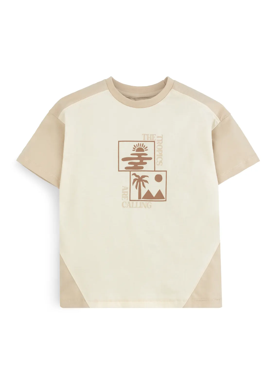 Jungen-T-Shirt in Creme und Sand mit Two-Tone-Panels und Tropen-Grafikprint, Vorderansicht