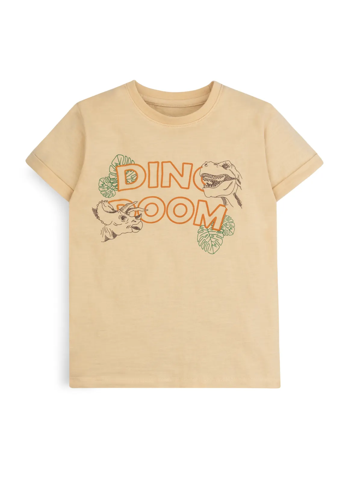 Jungen-T-Shirt in Weizengelb mit Dino-Schriftzug und skizzierten Dinosaurier-Köpfen, Vorderansicht