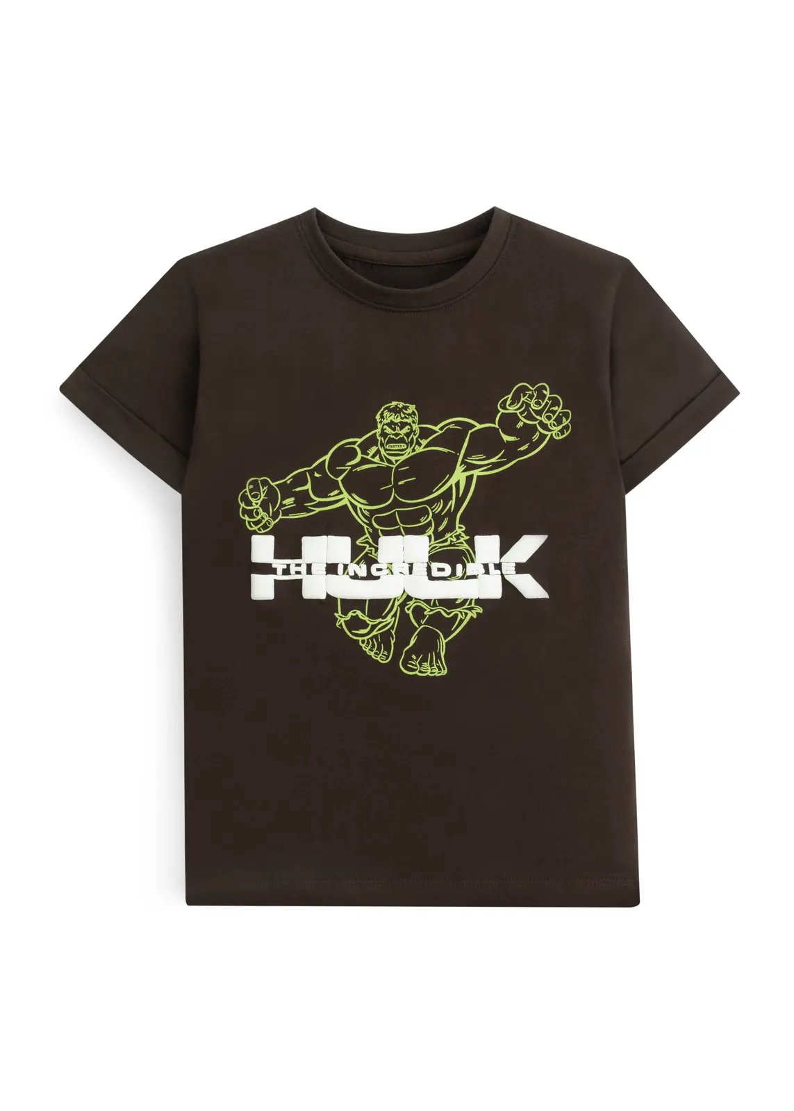 Jungen-T-Shirt in dunklem Espresso mit grüner Superhelden-Outline und erhabenem weißem Schriftzug, Vorderansicht