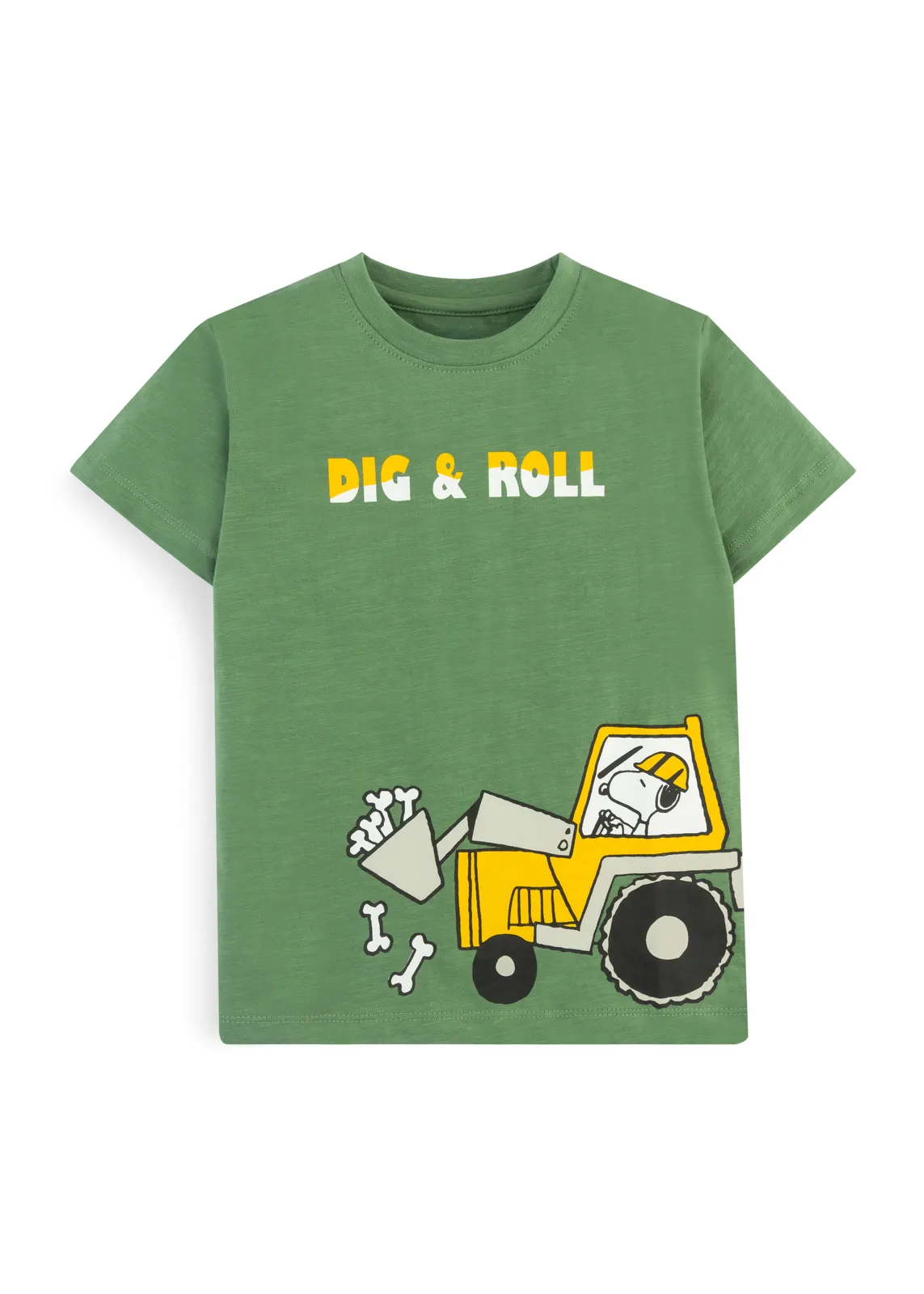 Jungen-T-Shirt in Blattgrün mit Cartoon-Beagle-Bagger-Print, Vorderansicht