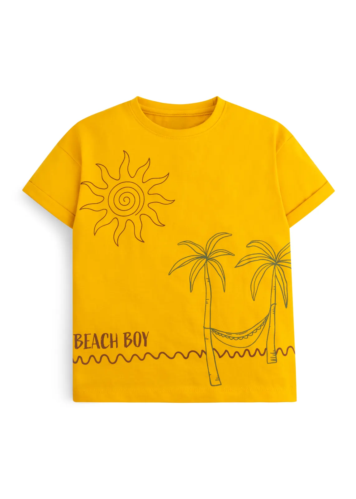 Jungen-T-Shirt in Sonnenblumengelb mit Beach-Boy-Linienprint aus Sonne, Palmen und Hängematte, Vorderansicht