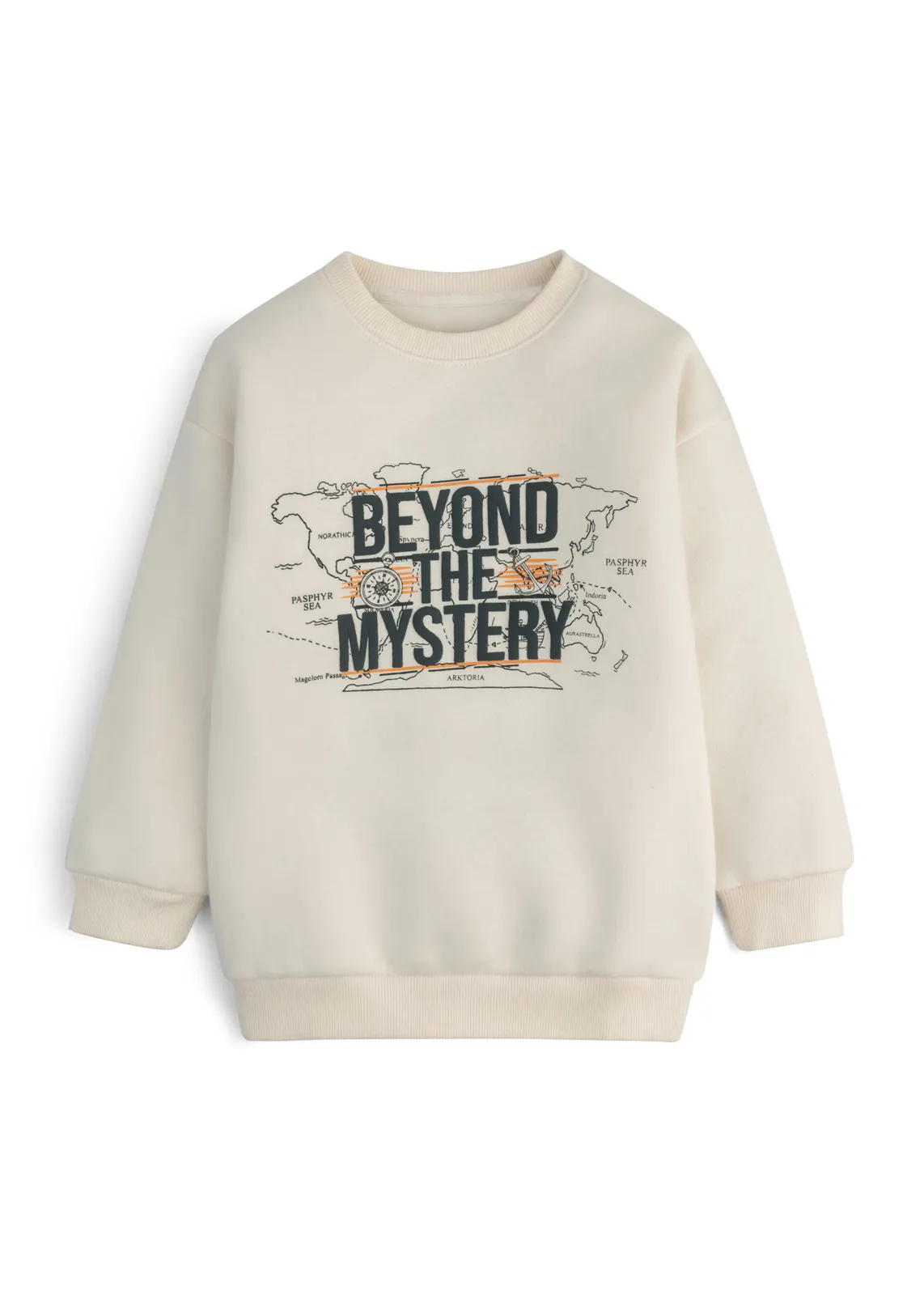 Kinder-Fleece-Sweatshirt in Ecru mit Beyond-the-Mystery-Weltkarten-Print, Vorderansicht