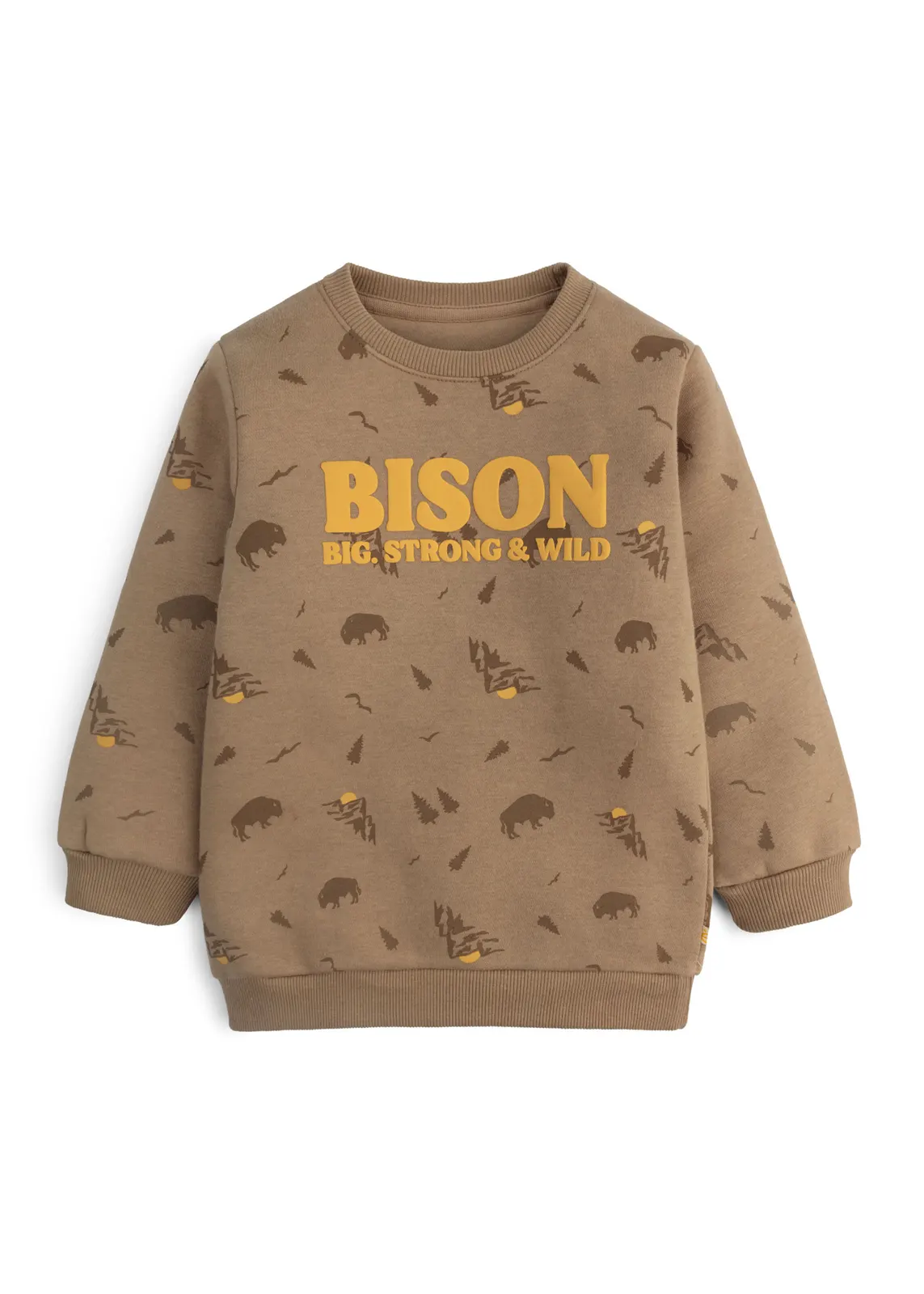 Kinder-Fleece-Sweatshirt in Taupe mit All-over-Bison-Print und gelbem Puff-Schriftzug, Vorderansicht