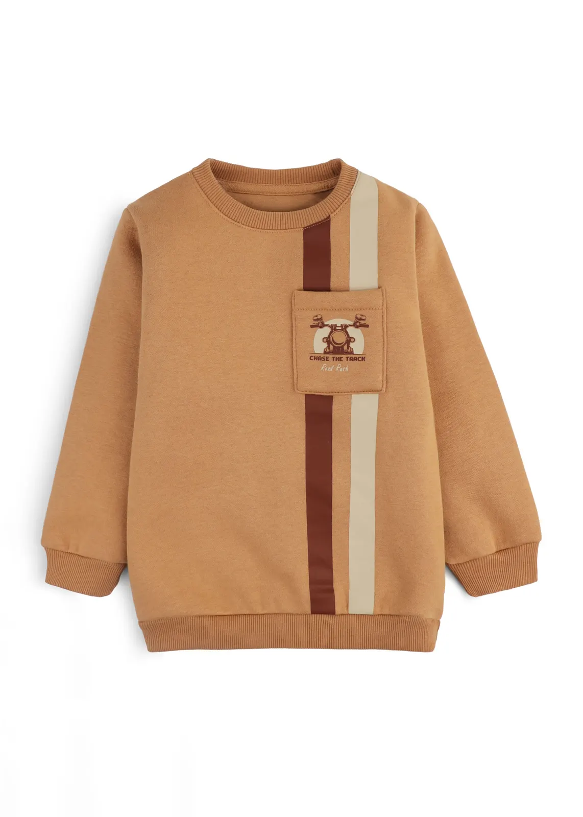 Kinder-Fleece-Sweatshirt in Ingwer mit Rennstreifen und Motorrad-Brusttasche, Vorderansicht