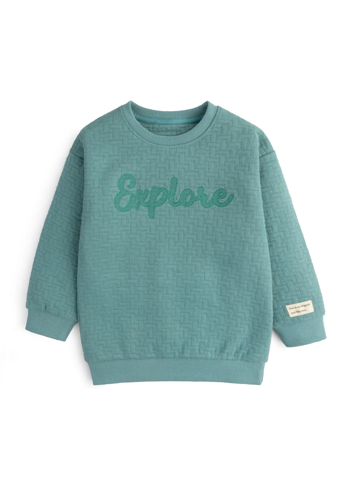 Kinder-Stepp-Sweatshirt in Petrol mit kettenstich-gesticktem Explore-Schriftzug, Vorderansicht