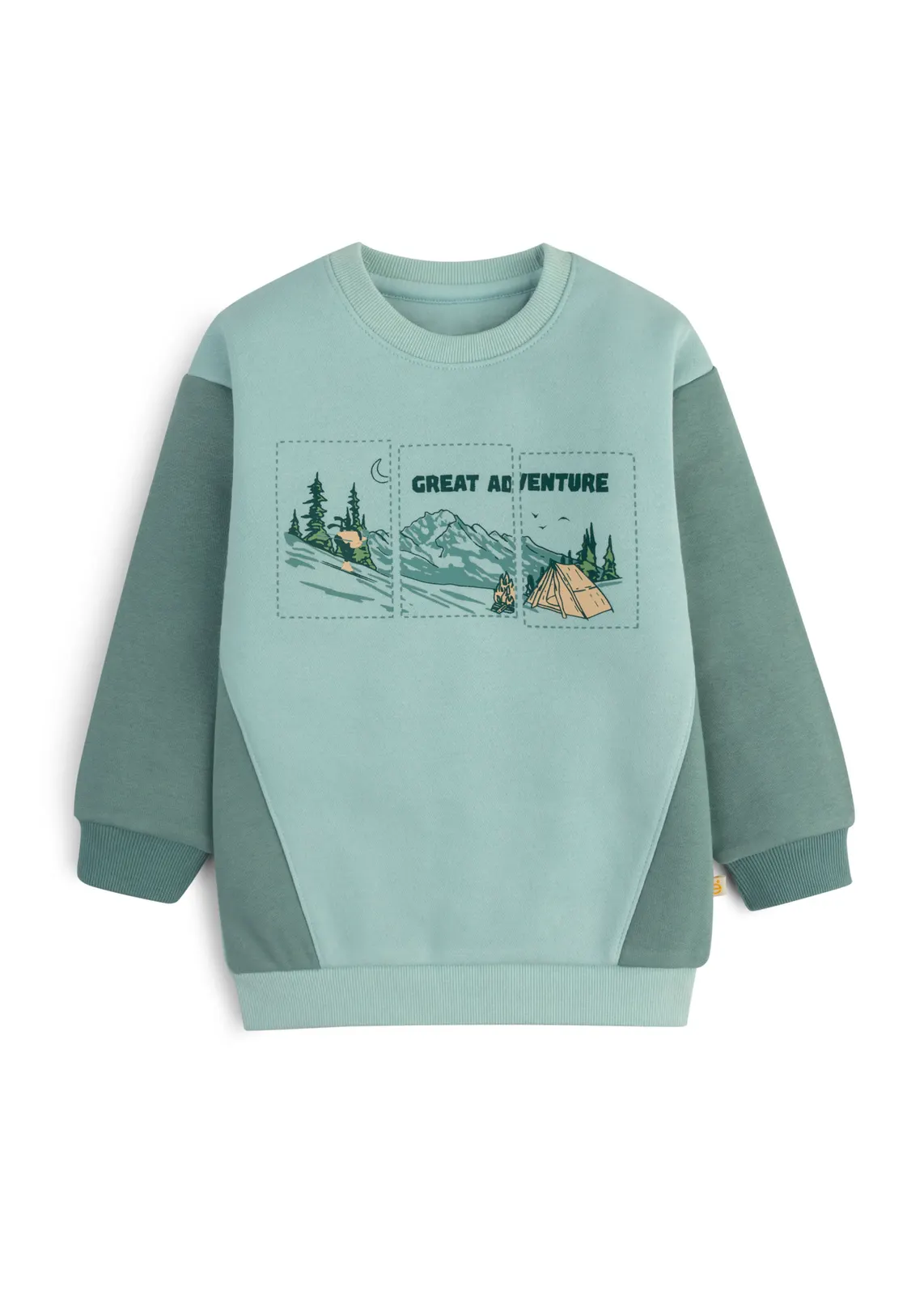 Kinder-Fleece-Sweatshirt in zweifarbigem Mintgrün mit Great-Adventure-Camping-Print, Vorderansicht