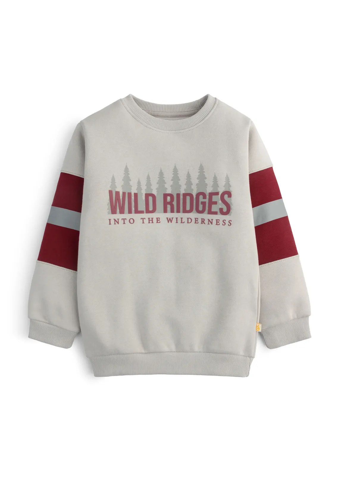 Kinder-Fleece-Sweatshirt in Steingrau mit Wild-Ridges-Waldprint und bordeauxfarbenen Ärmelstreifen, Vorderansicht