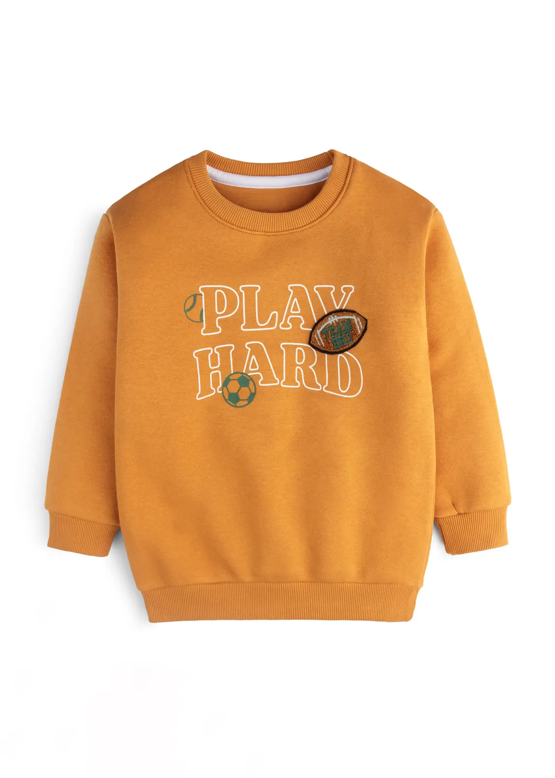 Kinder-Fleece-Sweatshirt in Bernstein mit Play-Hard-Outline-Print und Chenille-Rugbyball-Badge, Vorderansicht