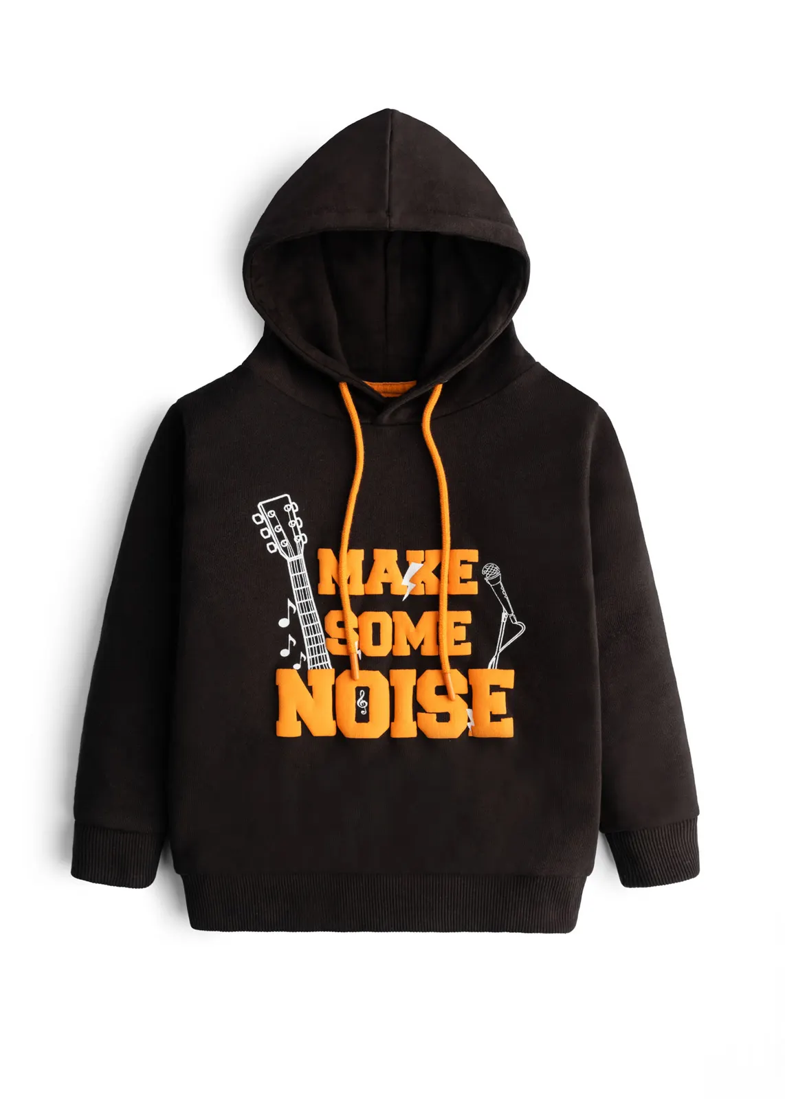 Kinder-Kapuzenpullover in dunklem Espresso mit orangefarbenem Make-Some-Noise-Puff-Print, Vorderansicht