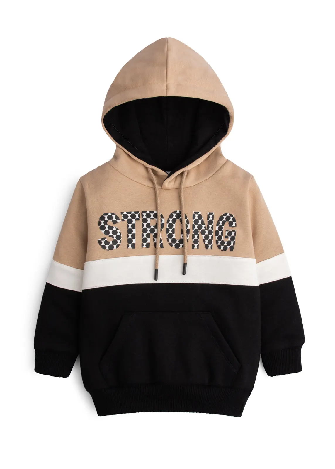 Kinder-Kapuzenpullover in Camel, Creme und Schwarz mit gemustertem Strong-Schriftzug, Vorderansicht
