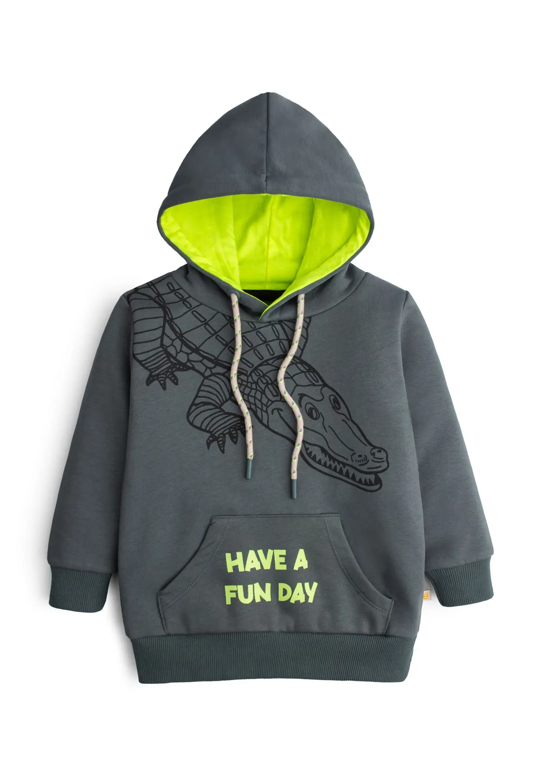 Kinder-Kapuzenpullover in Schiefergrün mit Krokodil-Print und neonlimettem Kapuzenfutter, Vorderansicht