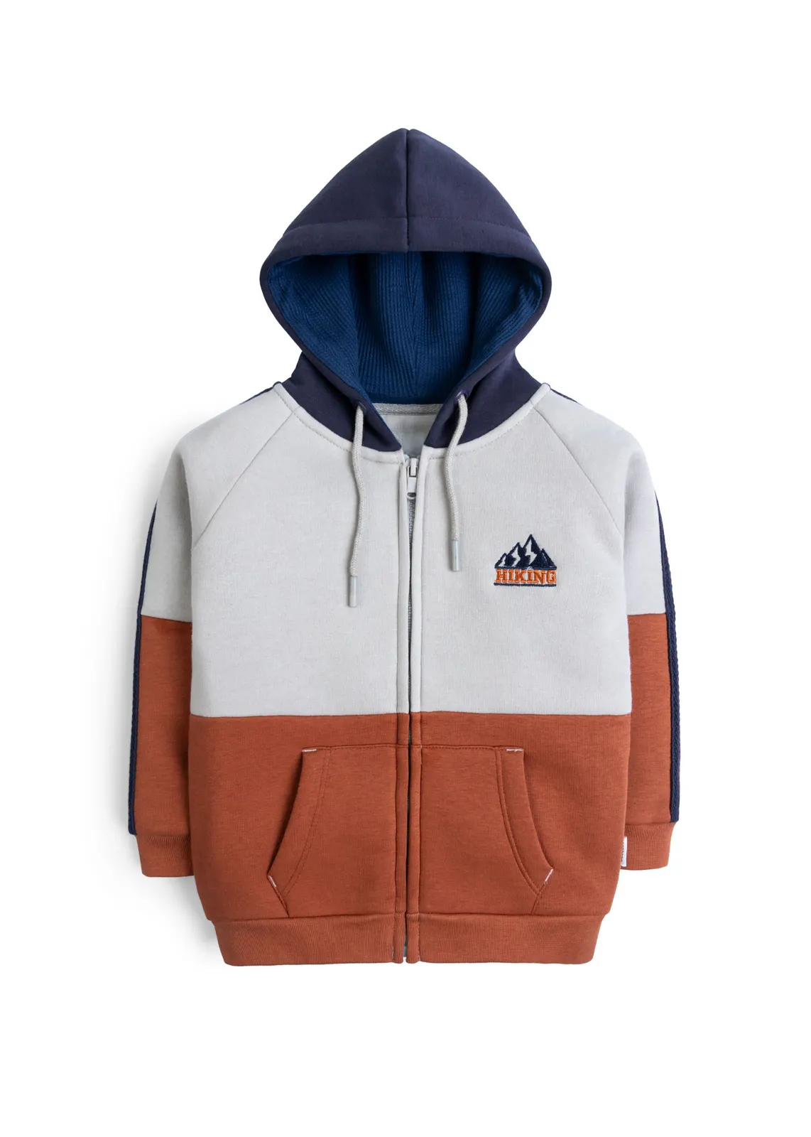 Kinder-Zip-Hoodie in Grau und Rost mit marineblauer Kapuze und gesticktem Hiking-Badge, Vorderansicht