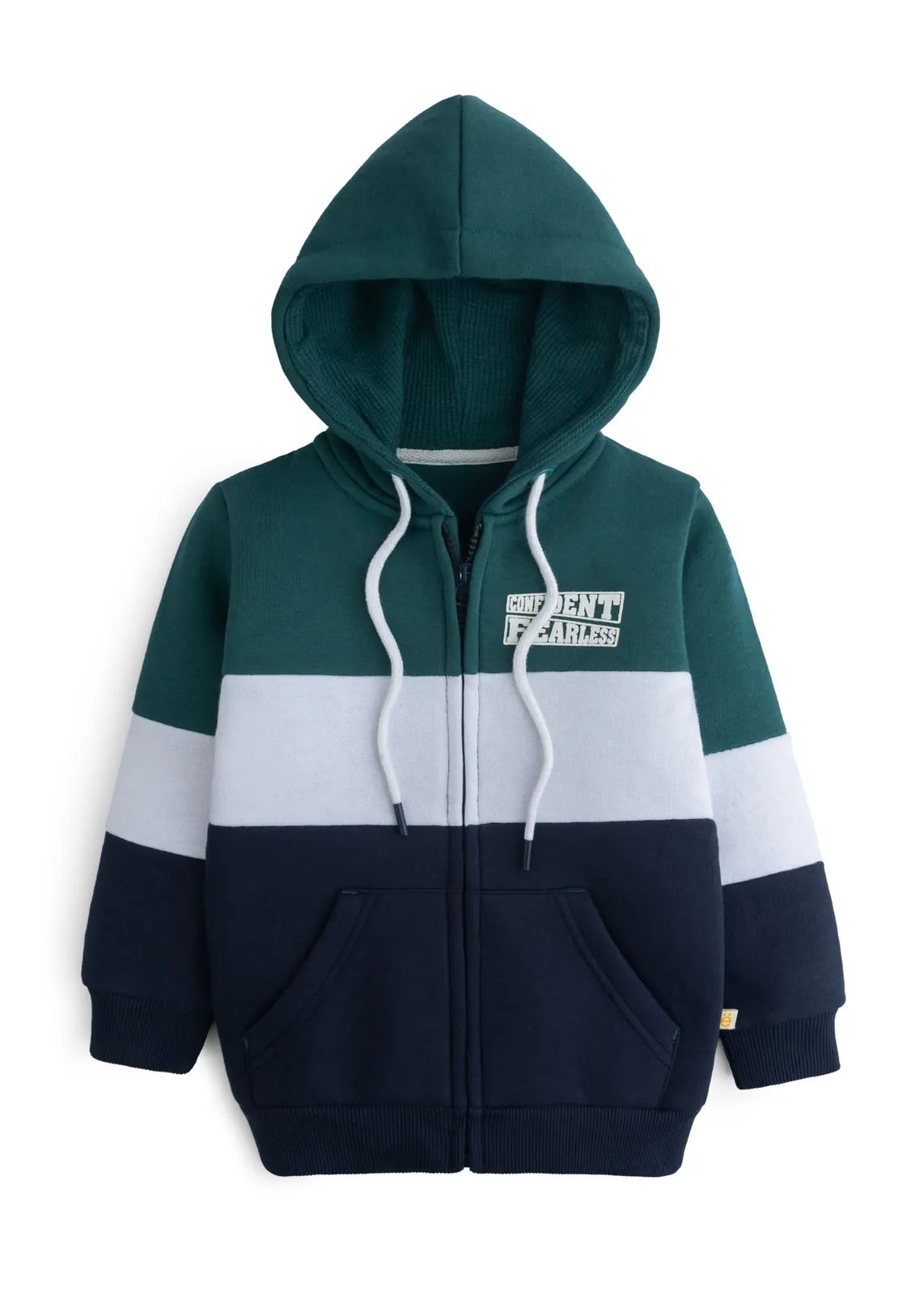 Kinder-Zip-Hoodie in Grün, Weiß und Marine mit Confident-Fearless-Badge, Vorderansicht