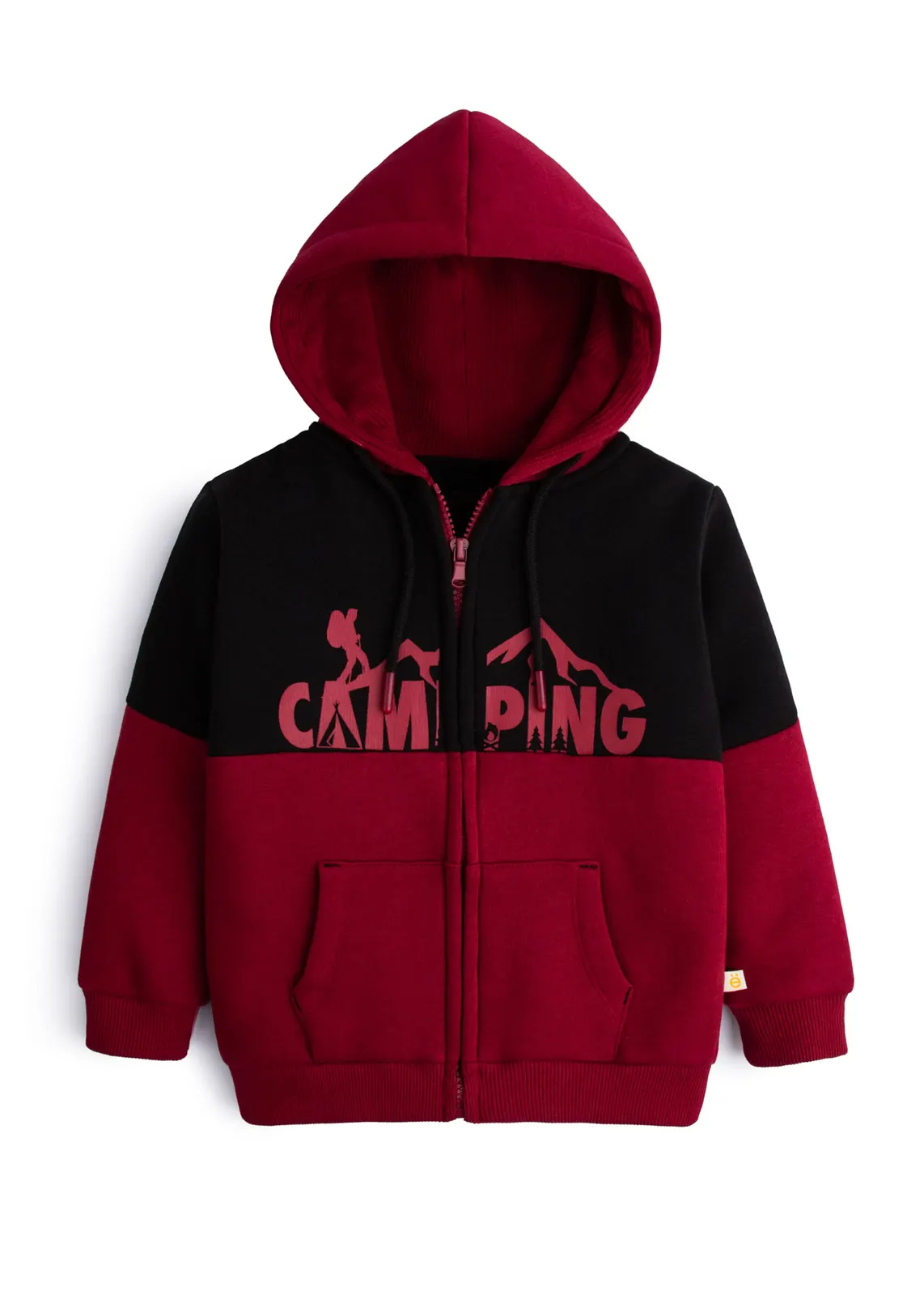 Kinder-Zip-Hoodie in Burgund und Schwarz mit Camping-Bergprint über der Brust, Vorderansicht