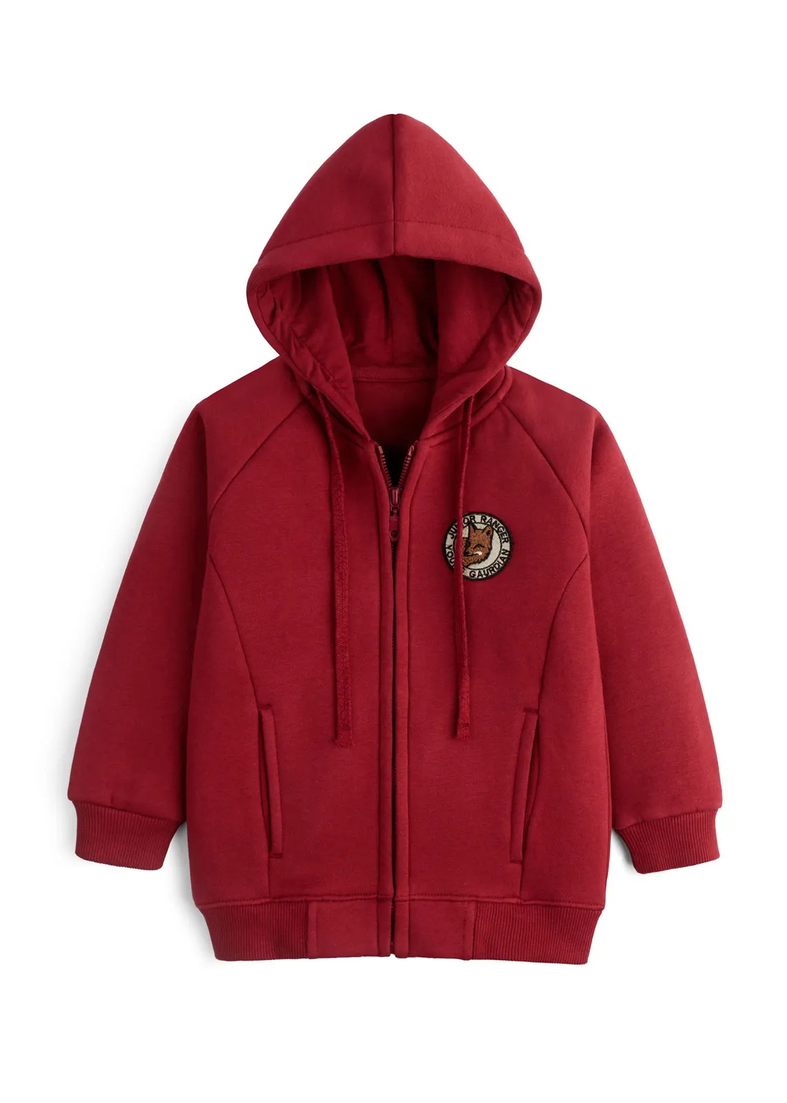 Kinder-Zip-Hoodie in Rubinrot mit Chenille-Junior-Ranger-Bären-Badge, Vorderansicht
