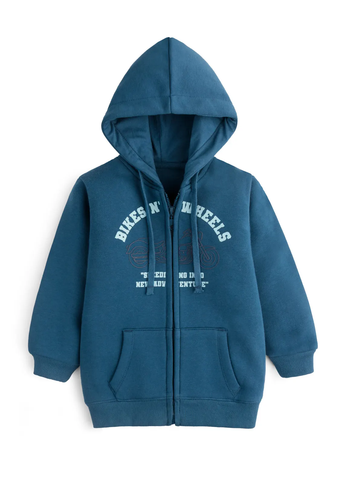 Kinder-Zip-Hoodie in Petrolblau mit Bikes-n-Wheels-Motorrad-Print, Vorderansicht