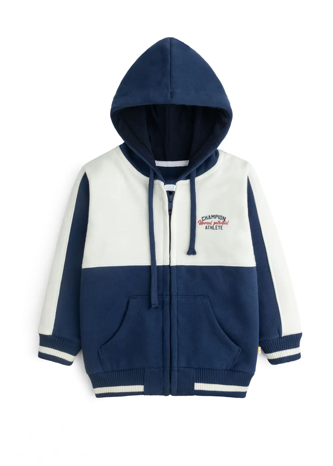 Kinder-Zip-Hoodie in Marine und Cremeweiß mit gestreiften Varsity-Bündchen, Vorderansicht
