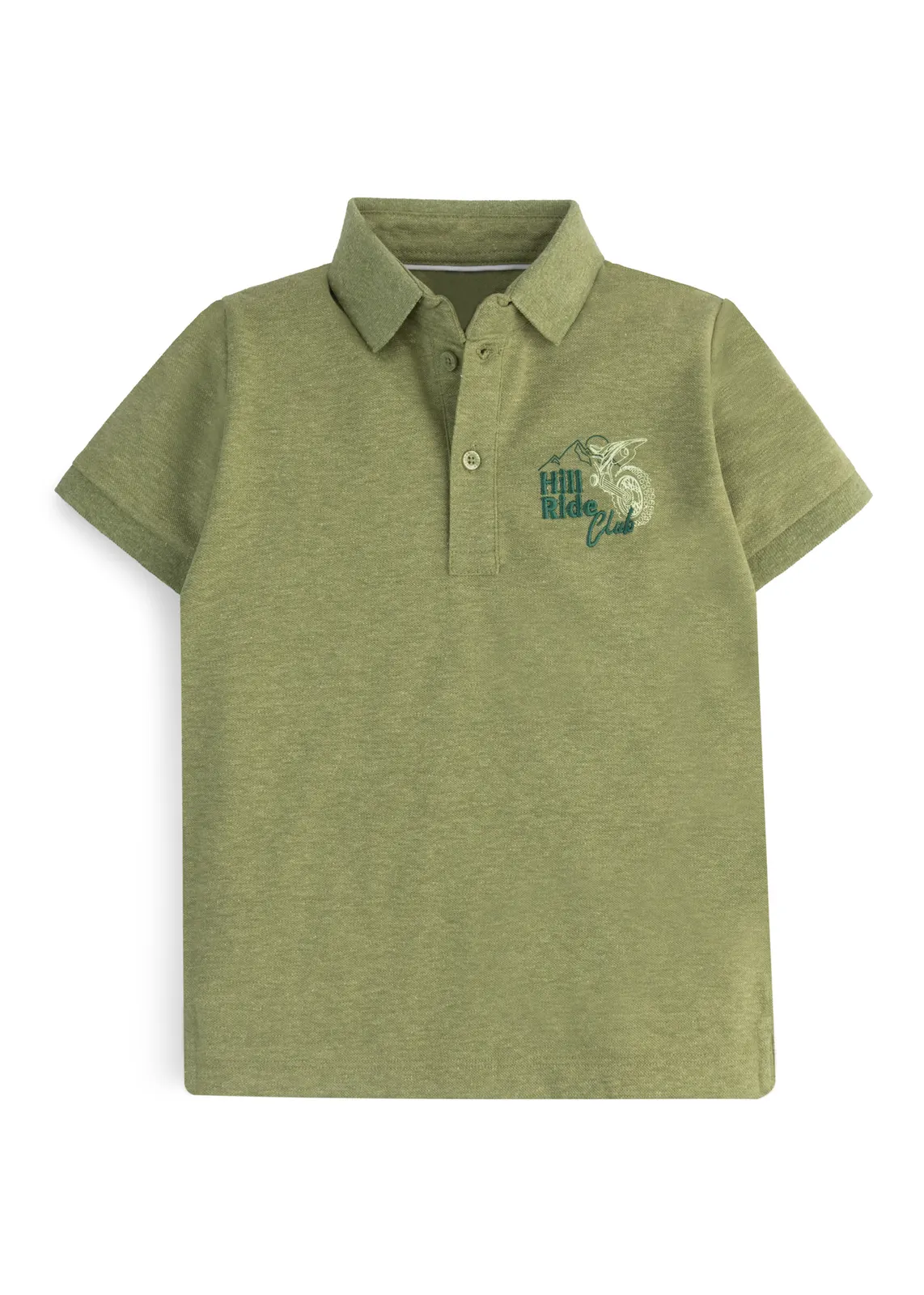 Jungen-Poloshirt in Oliv-Melange-Piqué mit Hill-Ride-Club-Bruststickerei, Vorderansicht