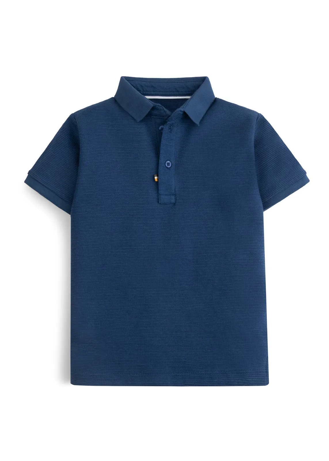 Jungen-Poloshirt in tiefem Marineblau mit Waffelstruktur, ohne Brustmotiv, Vorderansicht