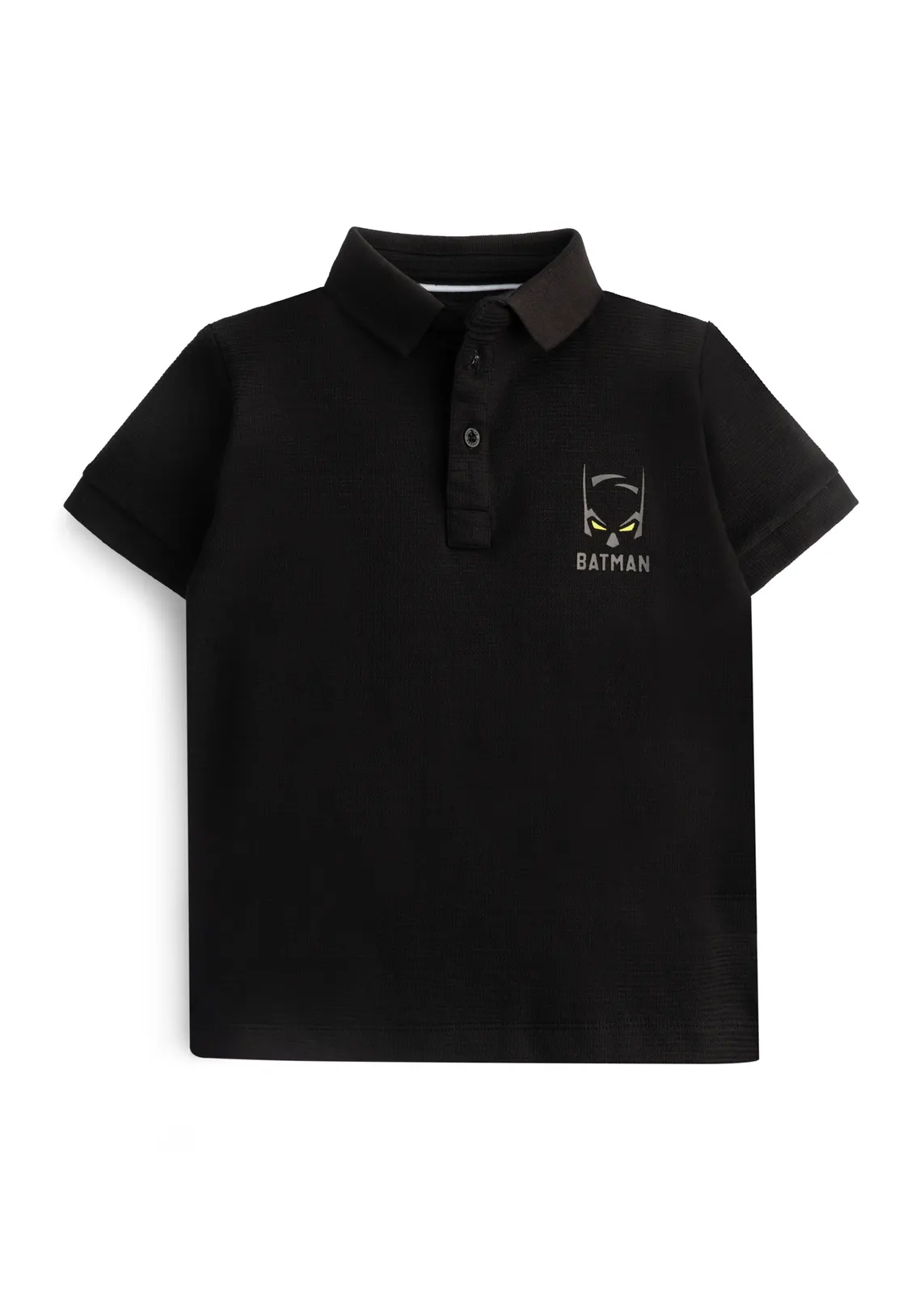 Jungen-Poloshirt in Schwarz mit Waffelstruktur und Superhelden-Brustprint, Vorderansicht