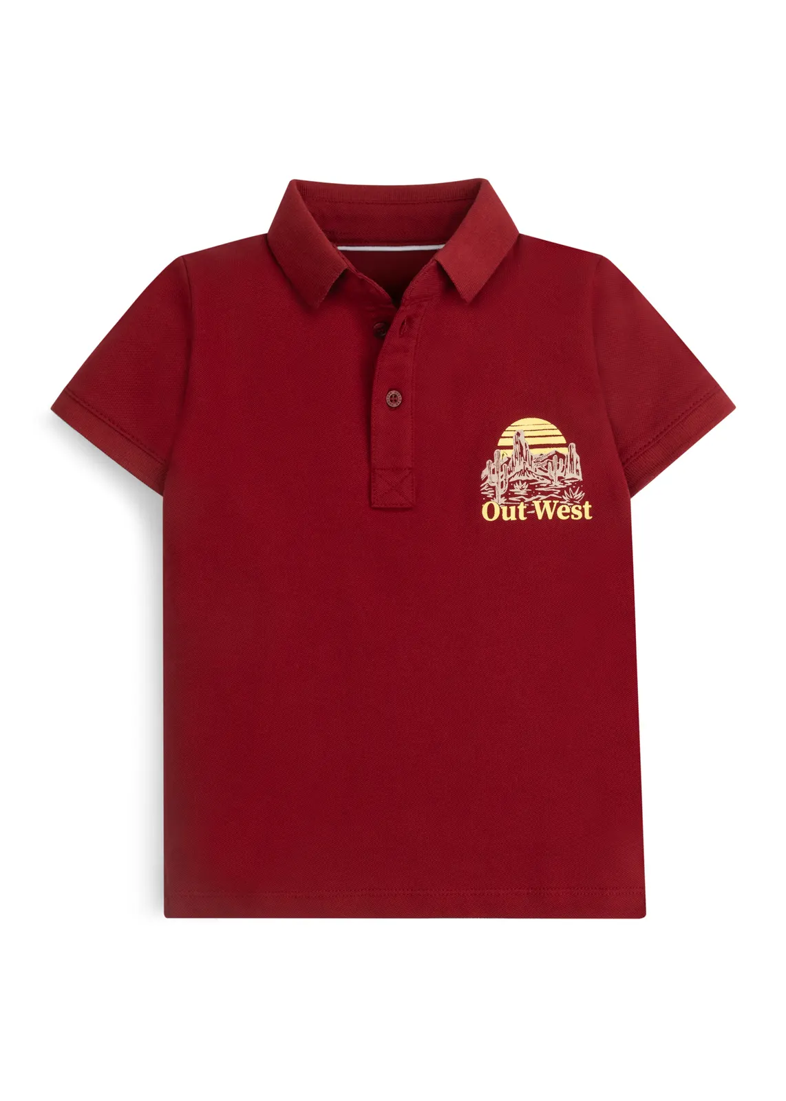 Jungen-Poloshirt in Rubinrot mit Out-West-Wüstenprint auf der Brust, Vorderansicht