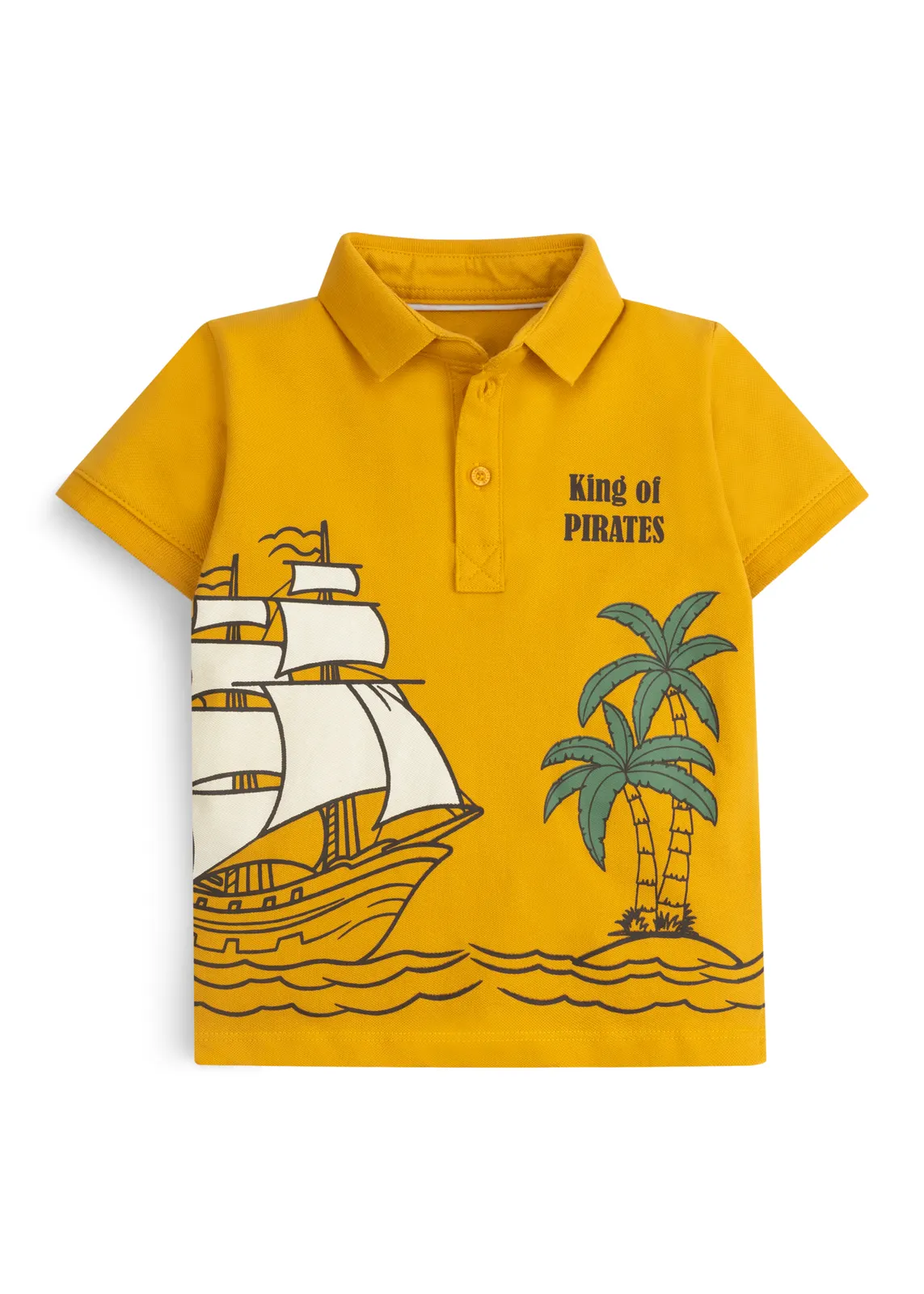 Jungen-Poloshirt in Ockergelb mit großem Piratenschiff-Placement-Print, Vorderansicht