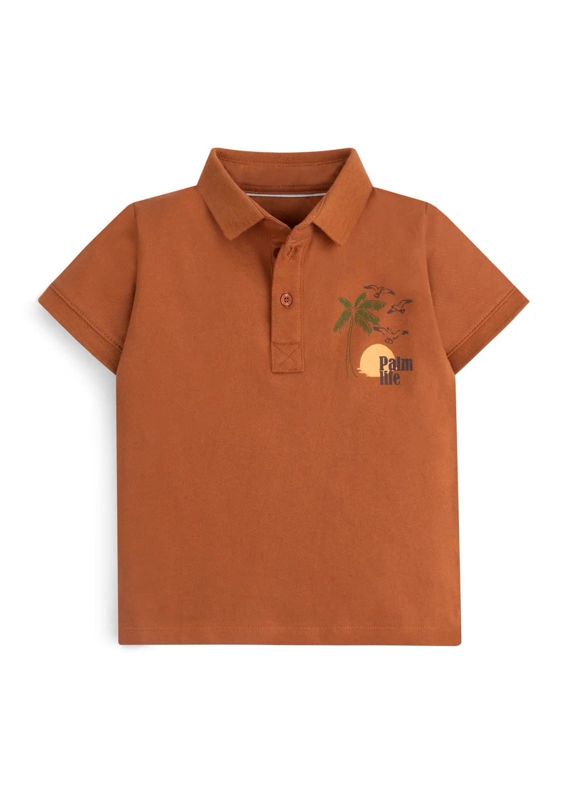 Jungen-Poloshirt in Karamellbraun mit Palm-Life-Brustprint, Vorderansicht