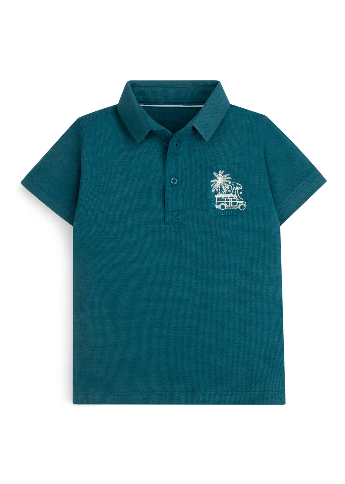 Jungen-Poloshirt in Petrol mit Waffelstruktur und gesticktem Surf-Bus-Motiv, Vorderansicht
