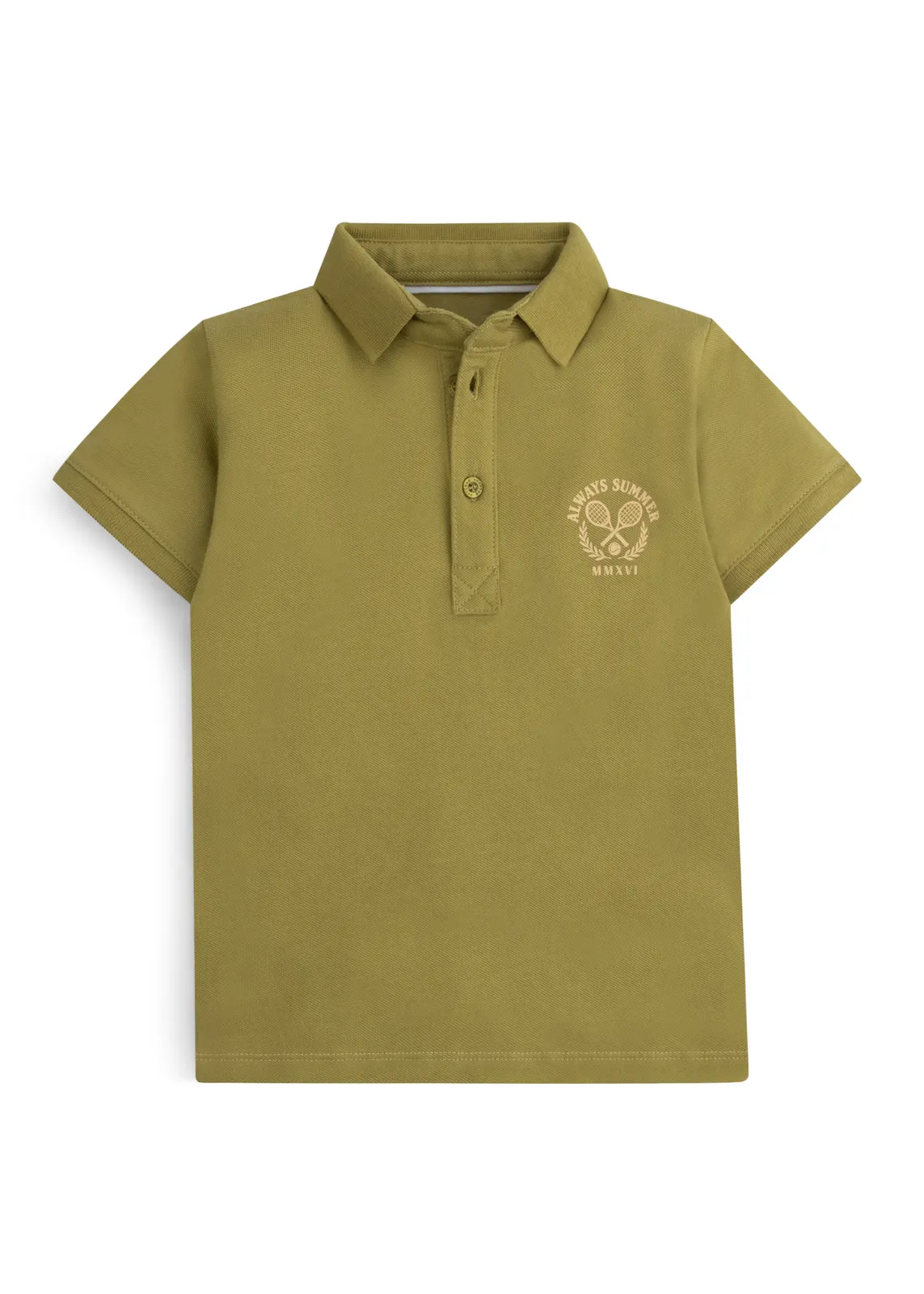 Jungen-Poloshirt in Moosgrün mit tonigem Tennis-Wappen-Print, Vorderansicht