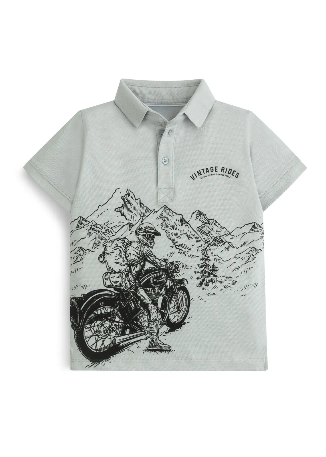 Jungen-Poloshirt in Hellgrau mit großem Vintage-Motorrad-Sketch-Print, Vorderansicht