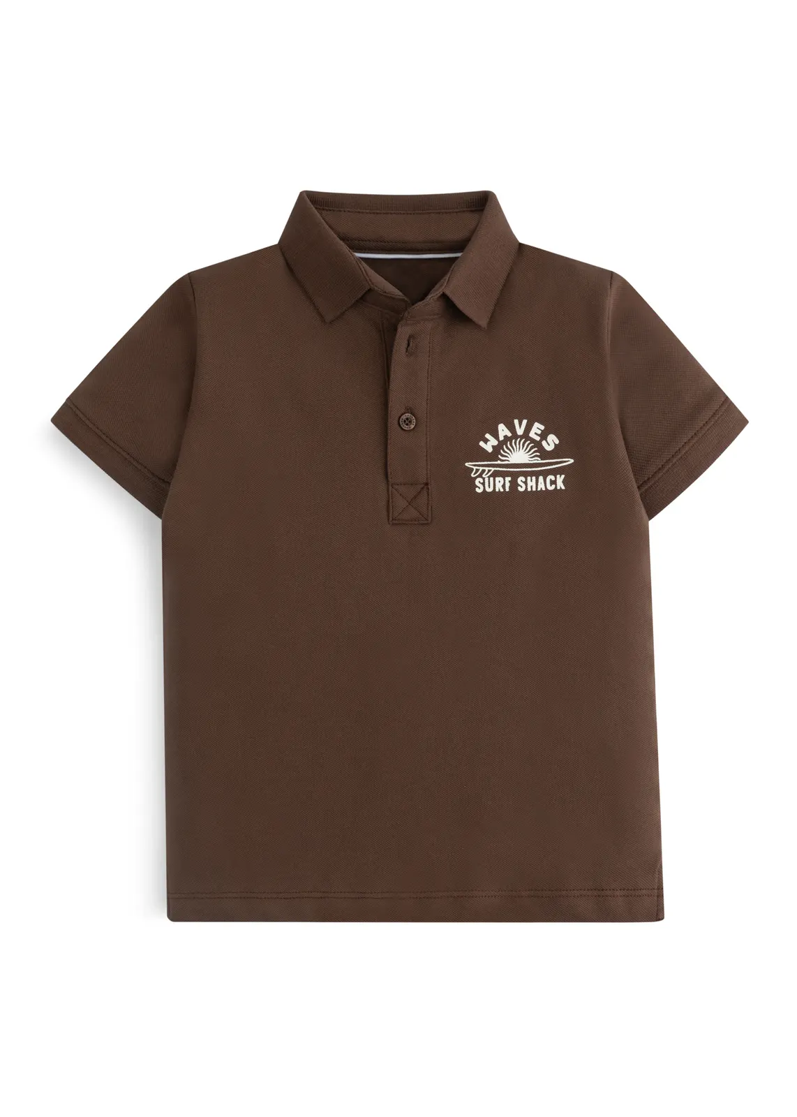 Jungen-Poloshirt in Kakaobraun mit Waves-Surf-Shack-Brustprint, Vorderansicht